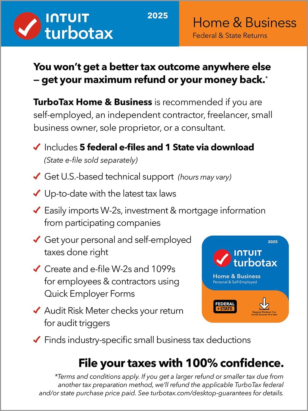 TurboTax Home & Business Desktop Edition 2025, Federal & State Tax Return Win11/Mac14 Download