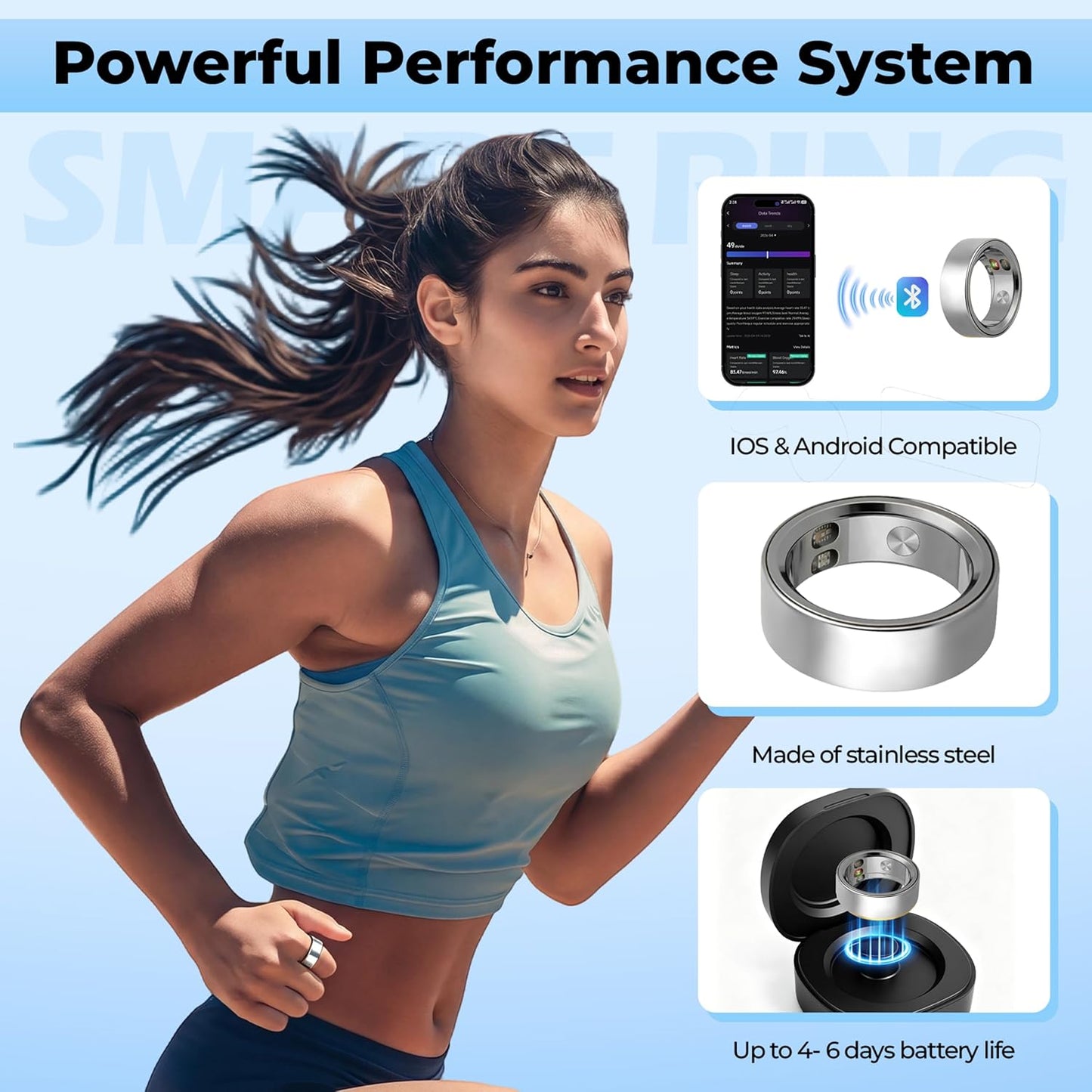 XUV Silver Rings for Women, Waterproof Fitness Tracker Ring with Heart Rate, Blood Oxygen, Sleep, Step Counting, Vibration Alerts AI Smart Ring for Men, No APP Fee for iOS & Android (Silver, 9)