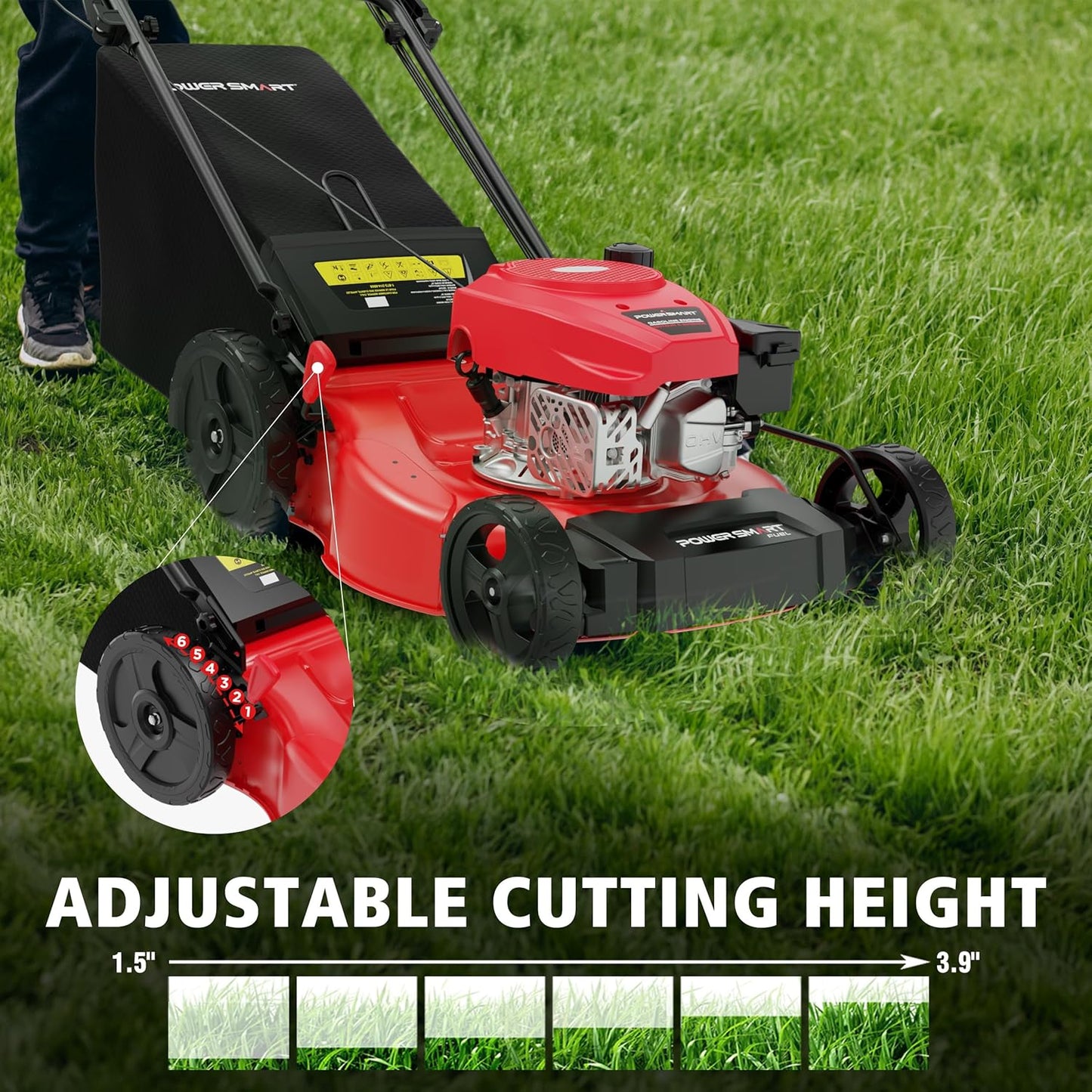 PowerSmart 21-Inch 3-in-1 Gas Self-Propelled Lawn Mower,170CC OHV Engine,Bagging/Mulching/Rear Discharging, 6 Cutting Heights, Durable Steel Deck, Rear-Wheel Drive, for Garden, Yard,