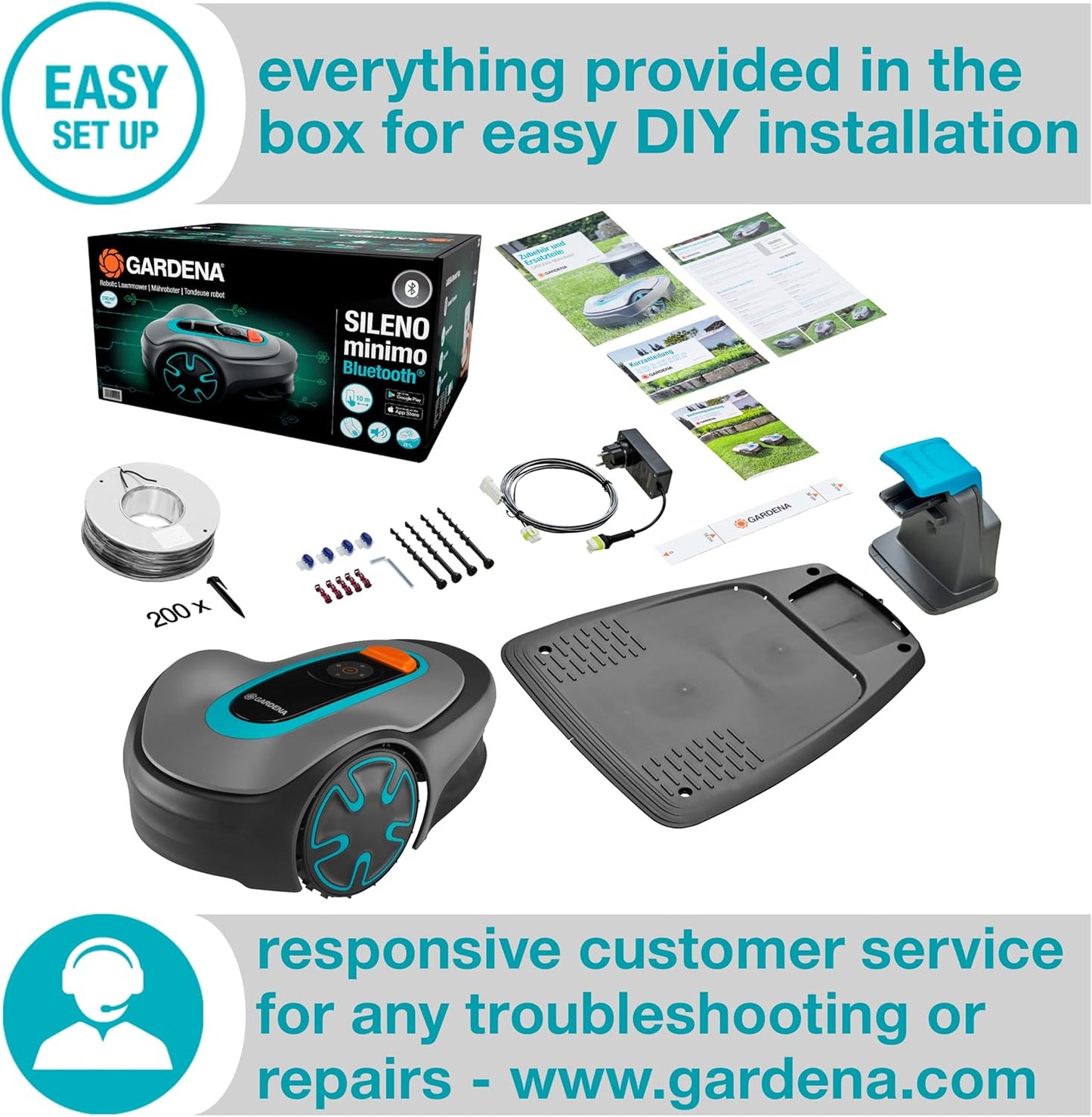 GARDENA 15201-41 SILENO Minimo - Automatic Robotic Lawn Mower, with Bluetooth app and Boundary Wire, one of The quietest in its Class, for lawns up to 2700 Sq Ft, Made in Europe, Grey