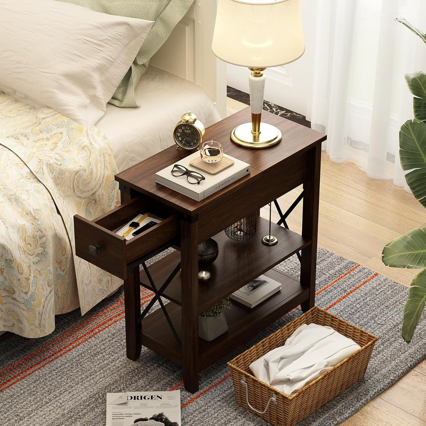Awescuti Narrow End Table with Charging Station - Farmhouse Slim Side Table Set of 2, w/USB Ports Power Outlets, Nightstand w/Flip Top Storage Drawer, for Small Spaces Living Room Bedroom, Walnut
