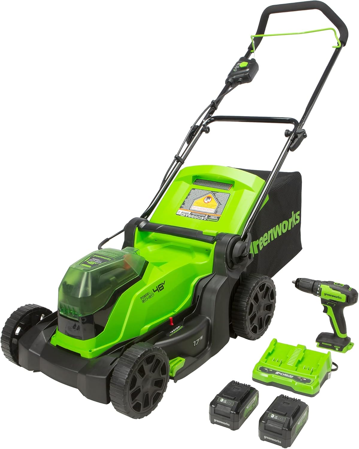 Greenworks 48V (2 x 24V) 17" Brushless Cordless Lawn Mower + 24V Drill / Driver, (2) 4.0Ah USB Batteries (USB Hub) and Dual Port Rapid Charger Included