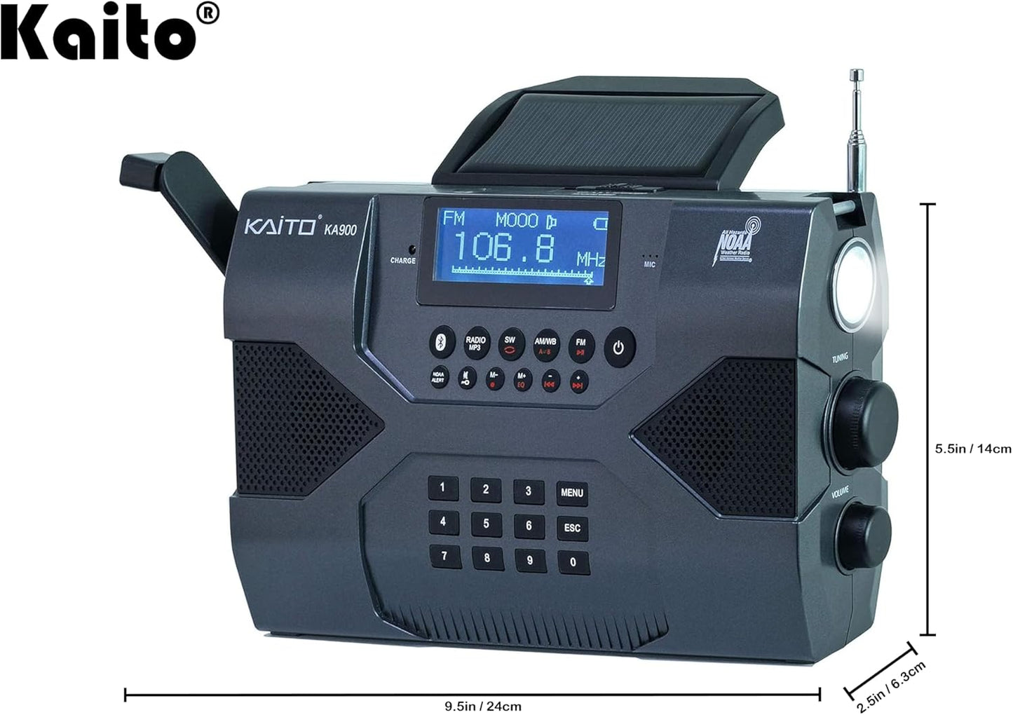 Kaito Emergency Radio Voyager Max KA900 Digital Solar Dynamo Crank Wind Up AM/FM/SW & NOAA Weather Stereo Radio Receiver with Bluetooth, Real-time Alert, MP3 Player, Recorder & Phone Charger, Black