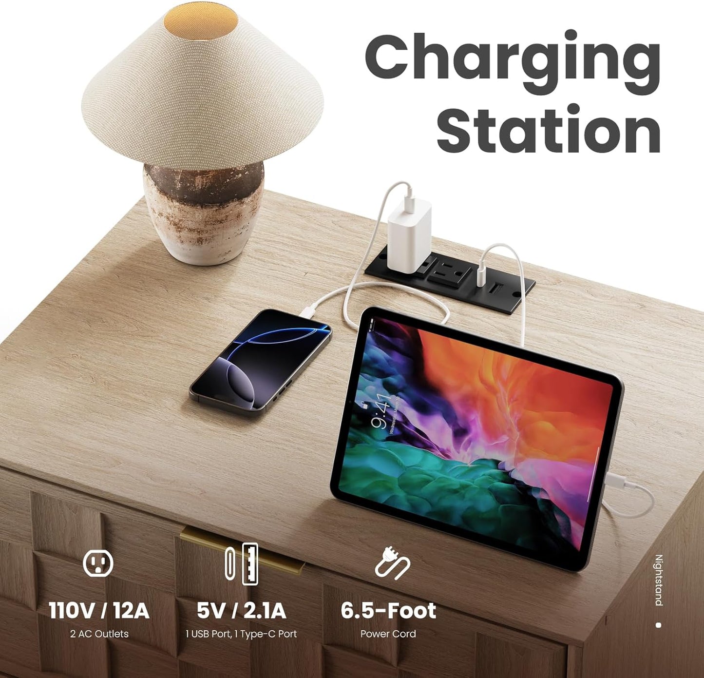 COLAMY Night Stand with Charging Station Set of 2, Modern Nightstand Bedside Table, Wooden 2 Drawers Dresser, with Chessboard Relief and Charger, for Bedroom, Living Room and Small Space - Oak