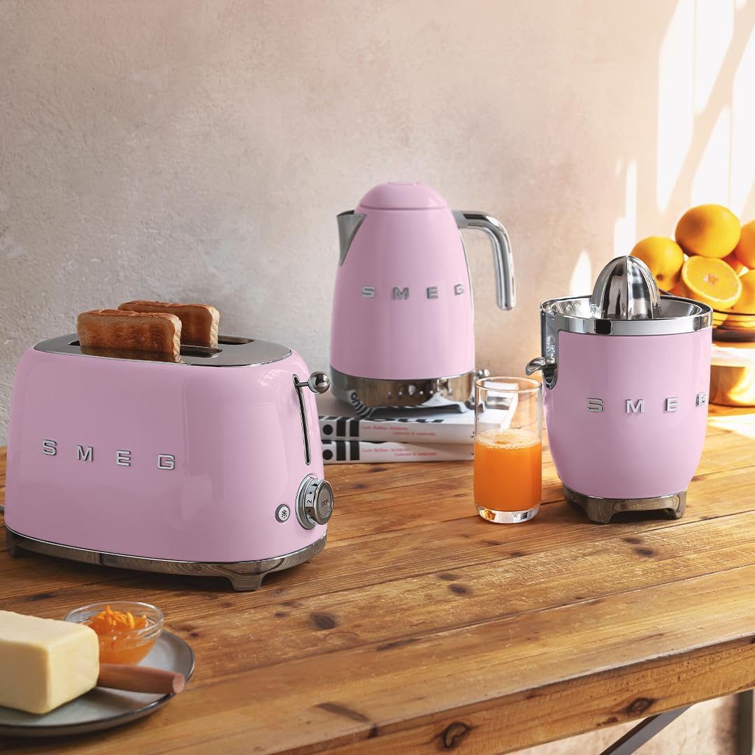 SMEG 2 Slice Toaster with 6 Presets and Defrost Function and Removable Crumb Tray TSF01PKUS, Pink