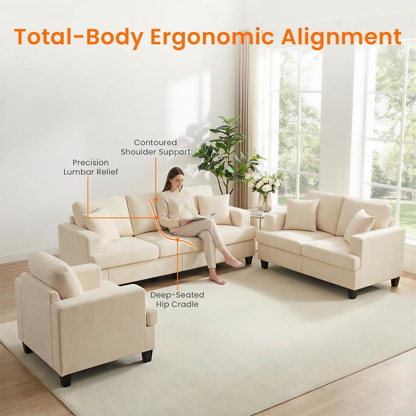 ijuicy 6 Seat Chenille Sectional Sofa Set for Living Room Furniture Set,3 PCS Modern Couch Set,82" Width 3 Seat Couch & Loveseat & Armchair with Solid Wood Legs and Thick Cushion(3+2+1Seat/Beige)