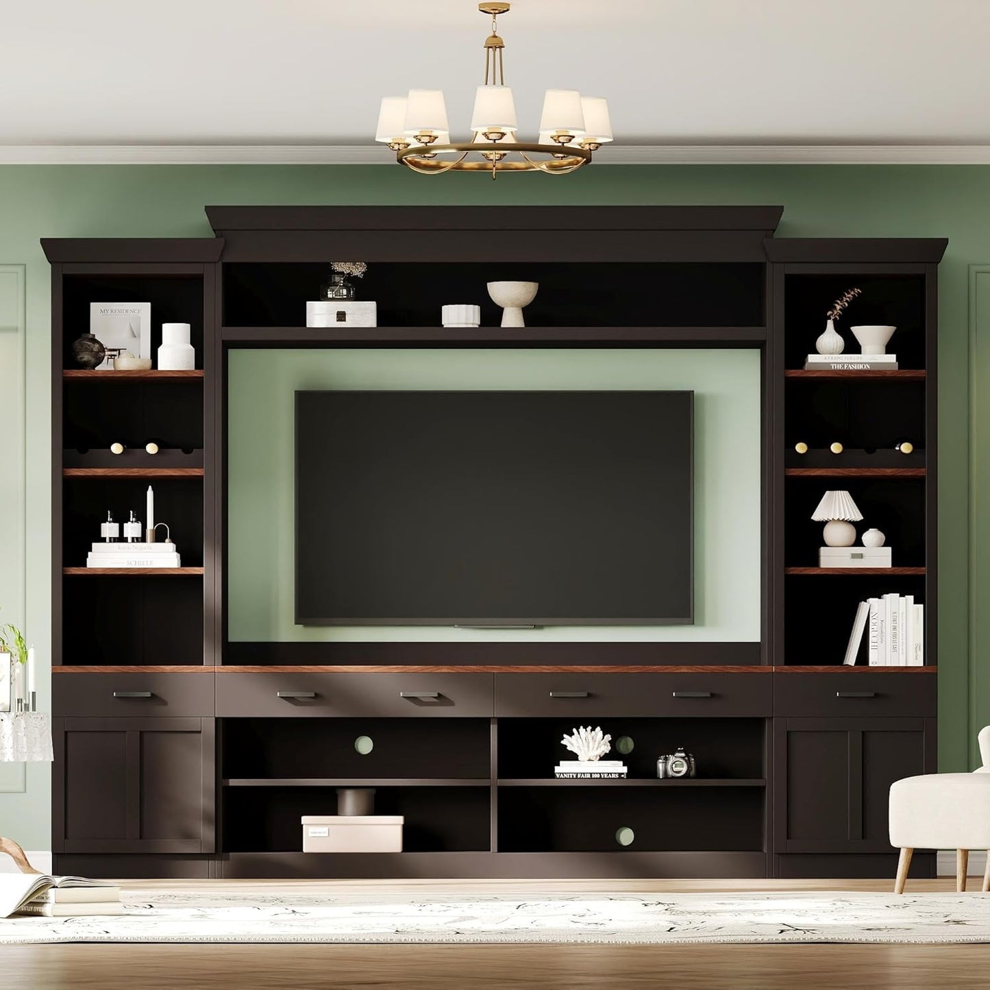 Merax Minimalist Entertainment Wall Unit Set with Ample Storage Space and Adjustable Shelves, TV Stand for Televisions Up to 70'', Mid-Century Large Media Console with Wine Rack for Living Room, Black