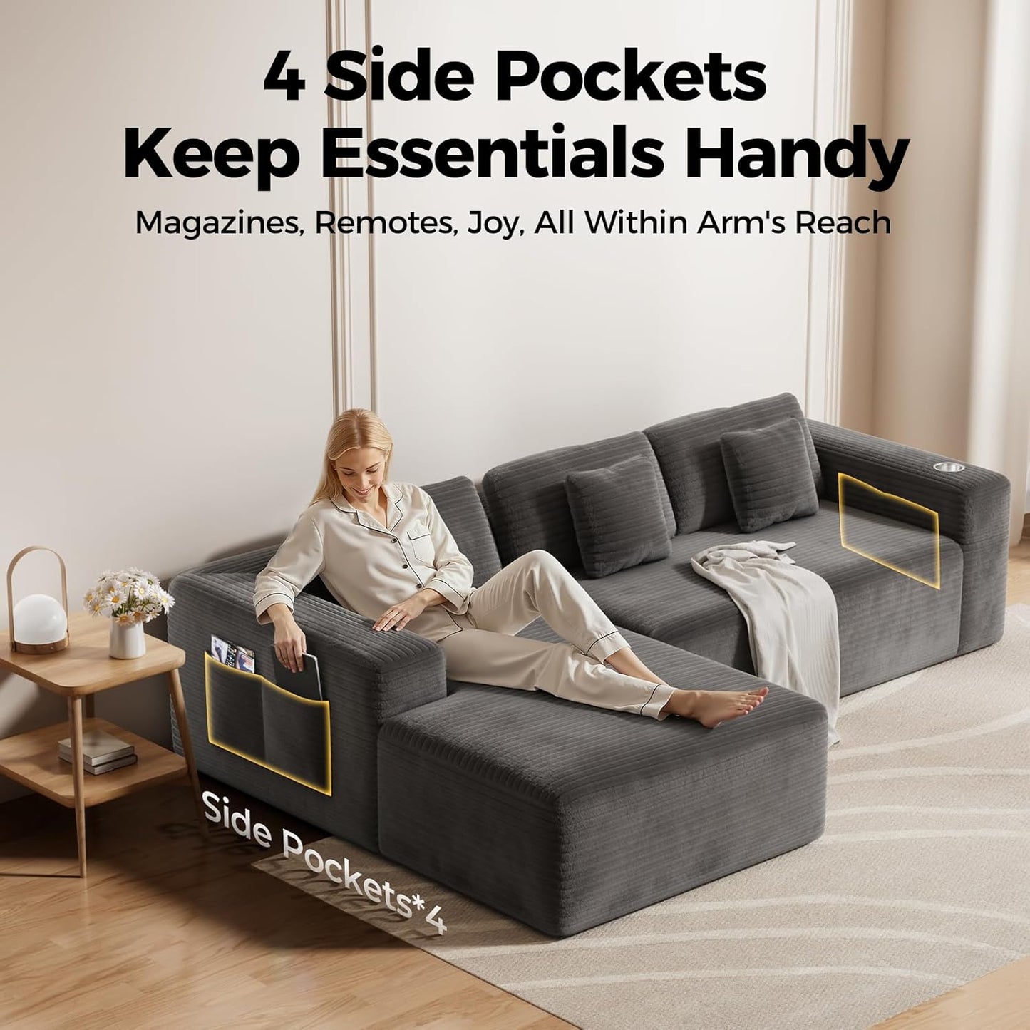 CAMMOO 108” Cloud Sectional Couch in One Box, Compressed Modular Sectional Sofa with Deep Seat, Corduroy Boneless Couches, L-Shaped Sofa for Living Room, 4 Storage Pockets(Left Facing Chaise, Grey)