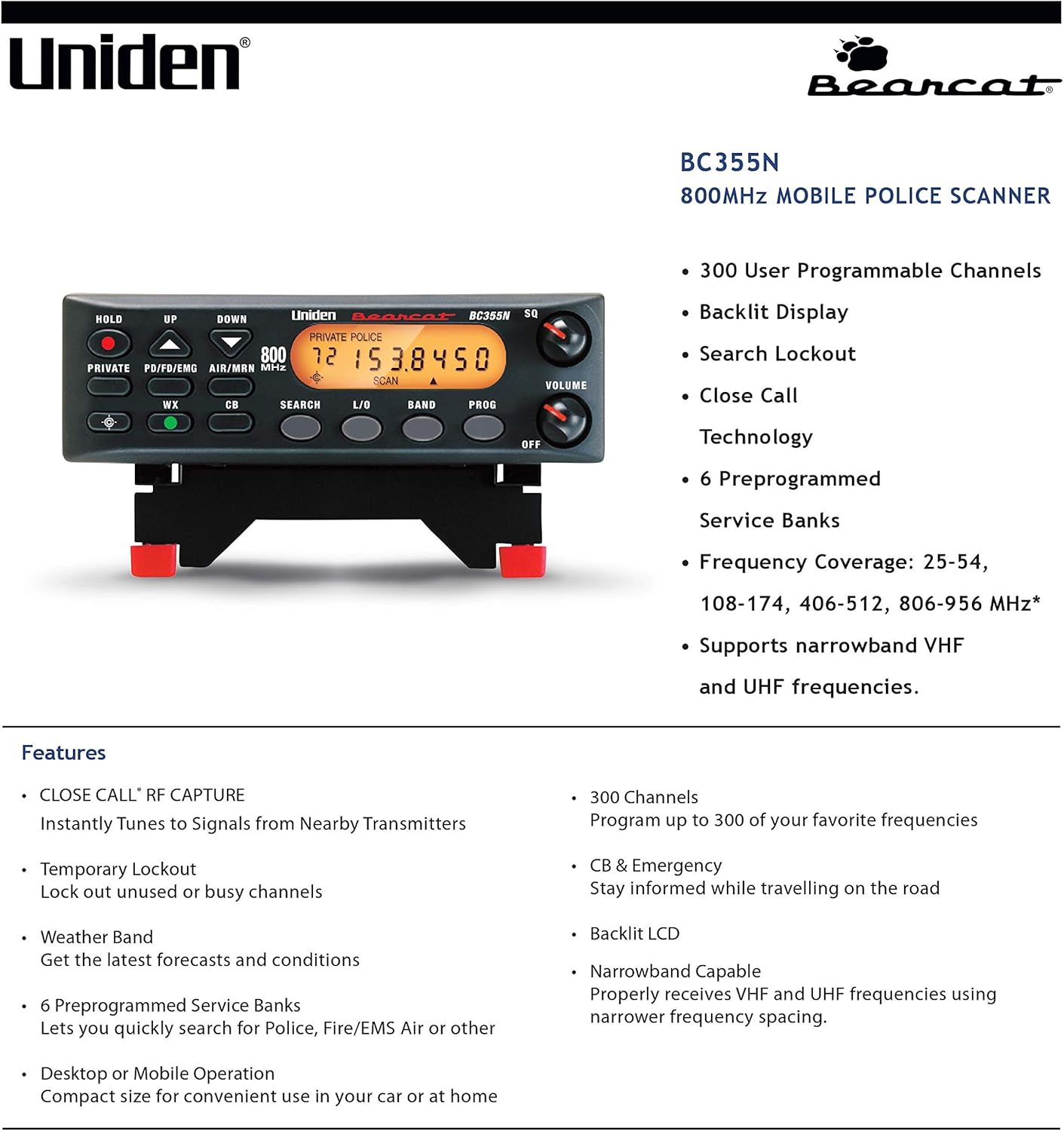 Uniden BC355N 300-Channel Base/Mobile Scanner, Close Call Capture, Pre-programmed Search Bands, NOAA Weather, Aviation, Marine, Railroad, NASCAR, and 'Non-digital' emergency services