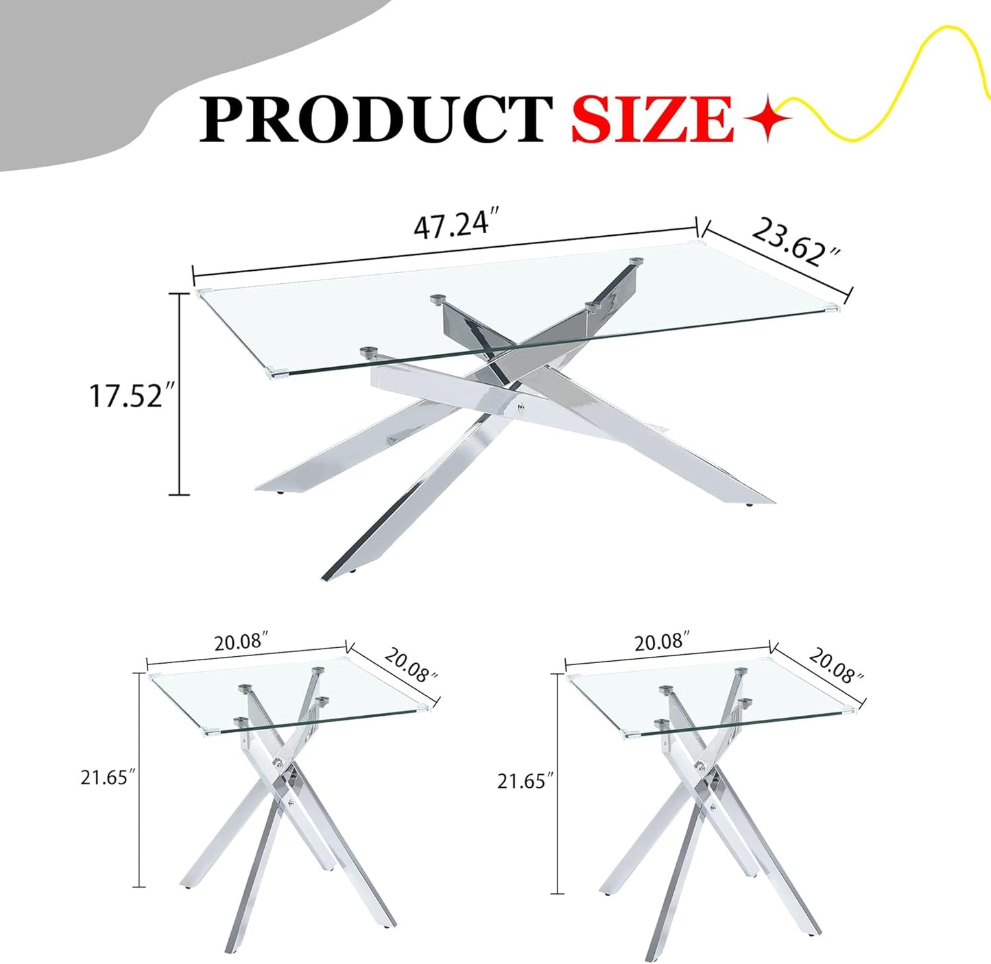 3 Pieces Living Room Table Set, 47" Glass Coffee Table and 2 End Table, Glass Coffee Table Set with Tempered Glass Tabletop and Metal Legs, for Living Room, Leisure, Apartment