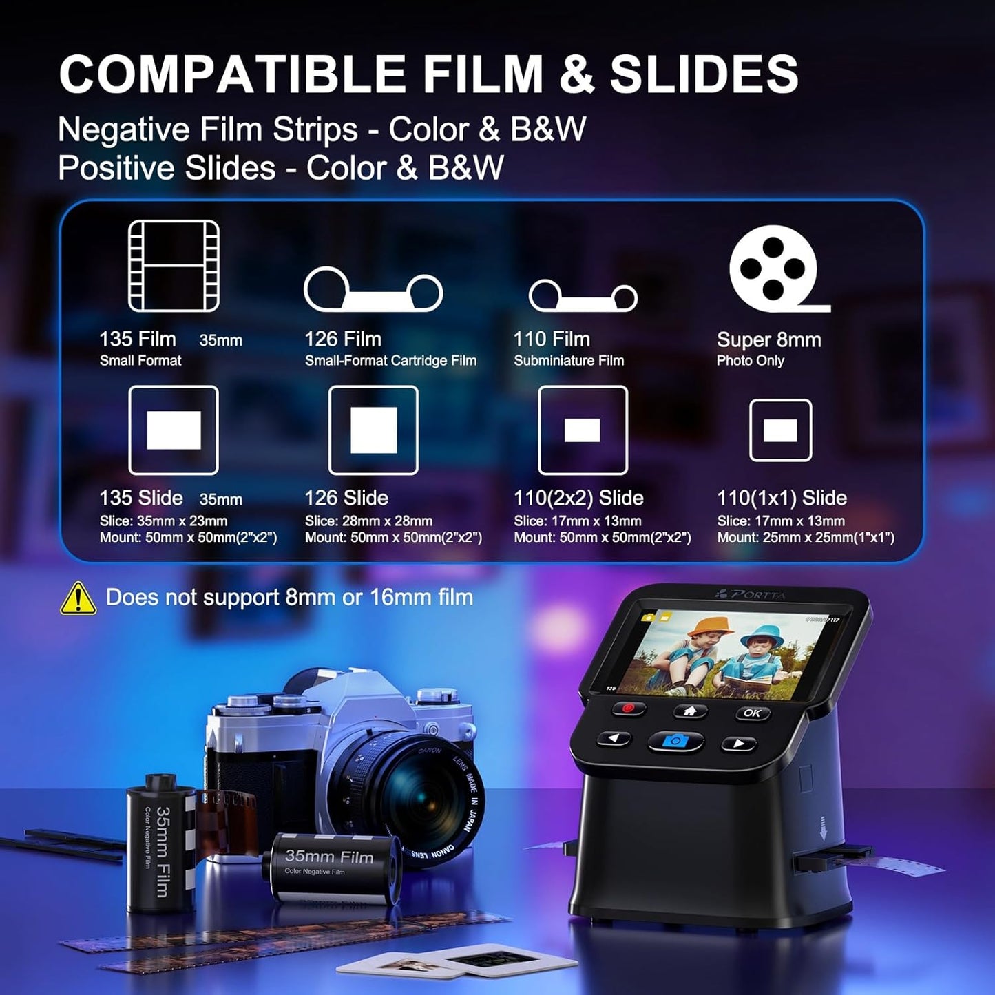 PORTTA Film Scanner with 5" LCD Screen, 22MP Slide & Negative Scanner, Converts 135, 126, 110 Film & Slides to Digital Photos, HDMI Output, SD Card Storage, No Computer Required