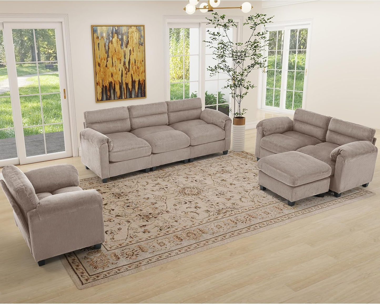 HAOMARKETS Corduroy Sofa Set,Upholstered Loveseat, and 3-Seater Couch with Plush Cushions and Rolled Arms, Modern Living Room Furniture Sets,Brown