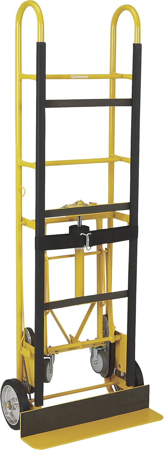 Strongway Industrial Hand Truck – 1200 lb Capacity Heavy-Duty Appliance Dolly, Convertible 2/4-Wheel Design, 8" Rubberized Wheels, Auto-Rewind Ratchet Belt & Stair-Climbing Capability