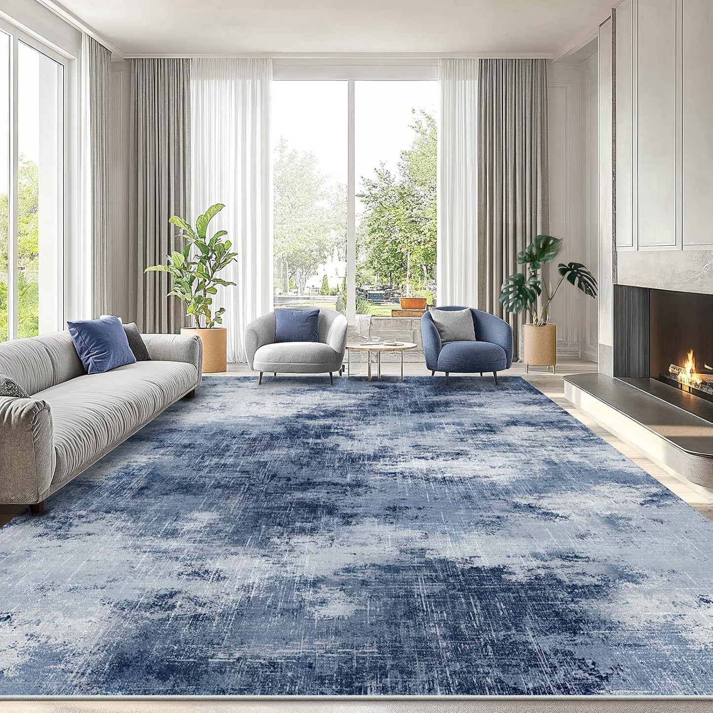 AMADA HOMEFURNISHING 9x12 Area Rugs for Living Room, Modern Large Area Rugs with Non-Slip Backing & Low Pile, Neutral Soft Washable Rug for Nursery, Bedroom, Dinning Room, Playroom, Dark Blue