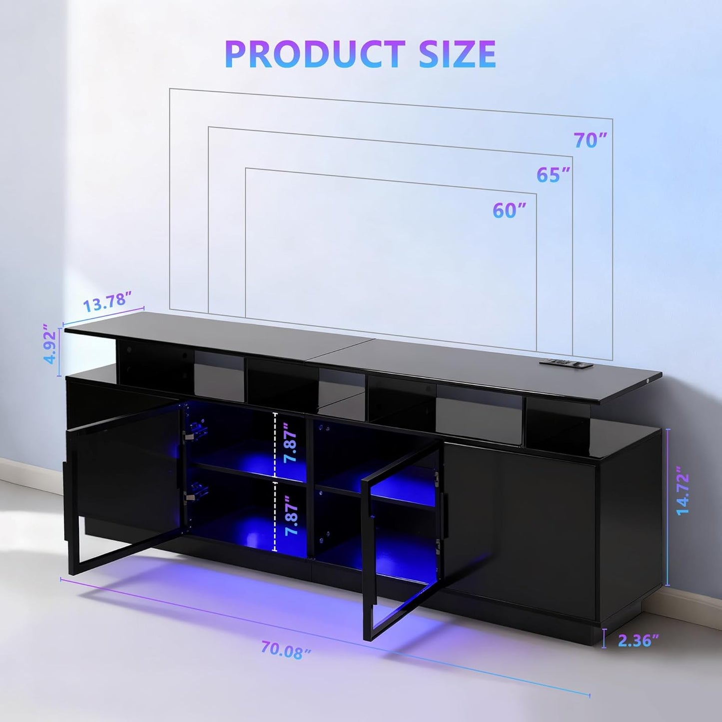 70 Inch Black TV Stand for Living Room, LED Entertainment Center for Gaming, Modern TV Cabinet Console, Transparent Glass Door Storage Cabinet
