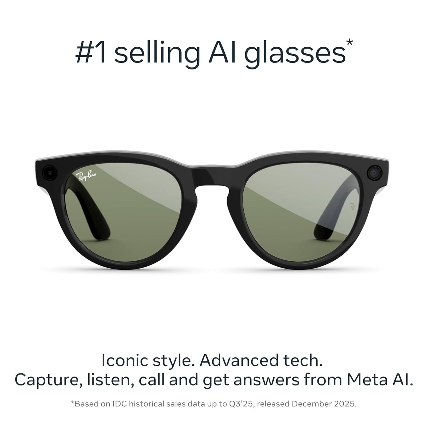 Ray-Ban Meta (Gen 2), Headliner, Shiny Black | Smart AI Glasses for Men, Women — 2x Battery Life — 3K Ultra HD Resolution — 12 MP Ultra-Wide Camera, Audio, Video — Green Lenses — Wearable Technology