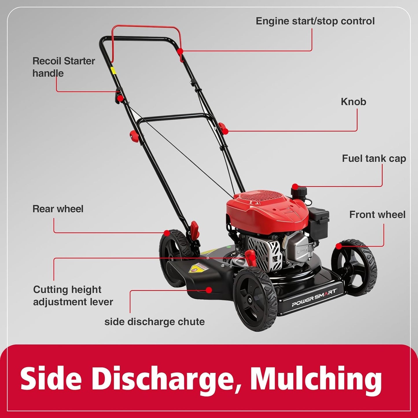 PowerSmart EasyCut 18" 144cc Gas Lawn Mower, Heavy-Duty Steel Deck, Side Discharge, 5-Position Height Setting, Walk-Behind Push Mower with Side Discharge