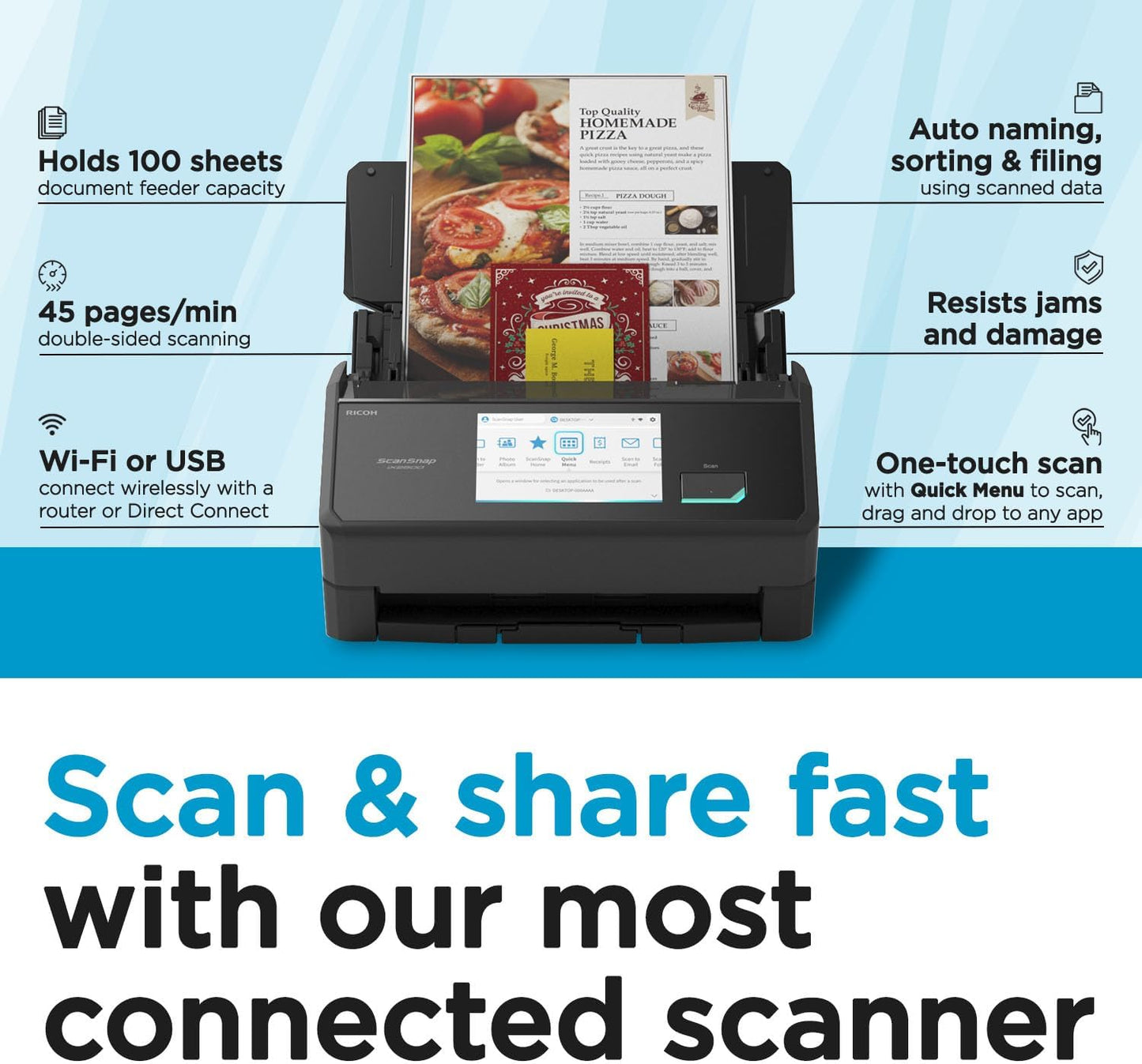 ScanSnap iX2500 Wireless or USB High-Speed Cloud Enabled Document, Photo & Receipt Scanner with Large 5" Touchscreen and 100 Page Auto Document Feeder for Mac or PC, Black