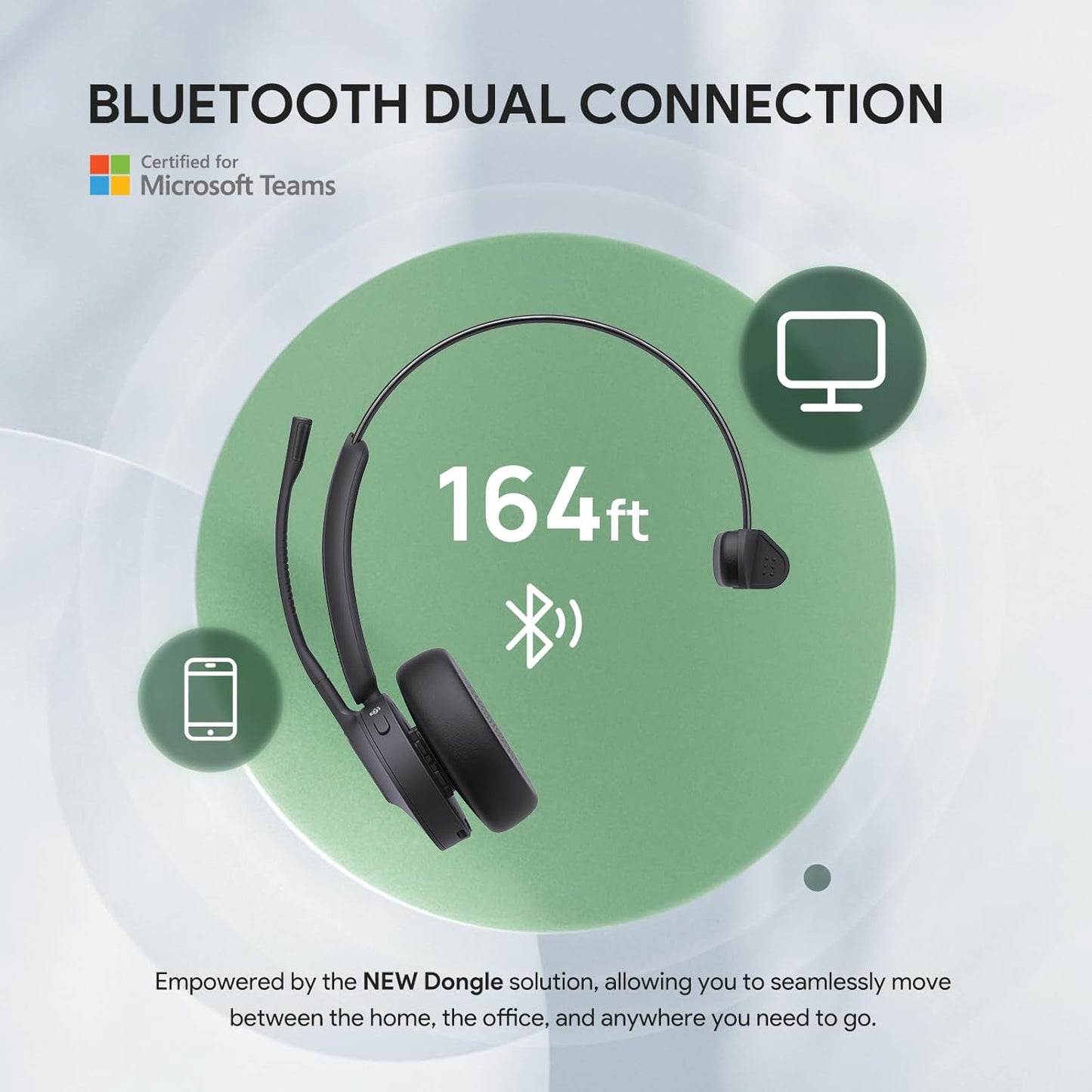 Yealink BH70 Mono Wireless Bluetooth Headset with Microphone for Work, up to 35h Talking, Native Bluetooth via Microsoft Teams Certified, Compatible with Cisco Webex & Jabber, Zoom, Google Meeting