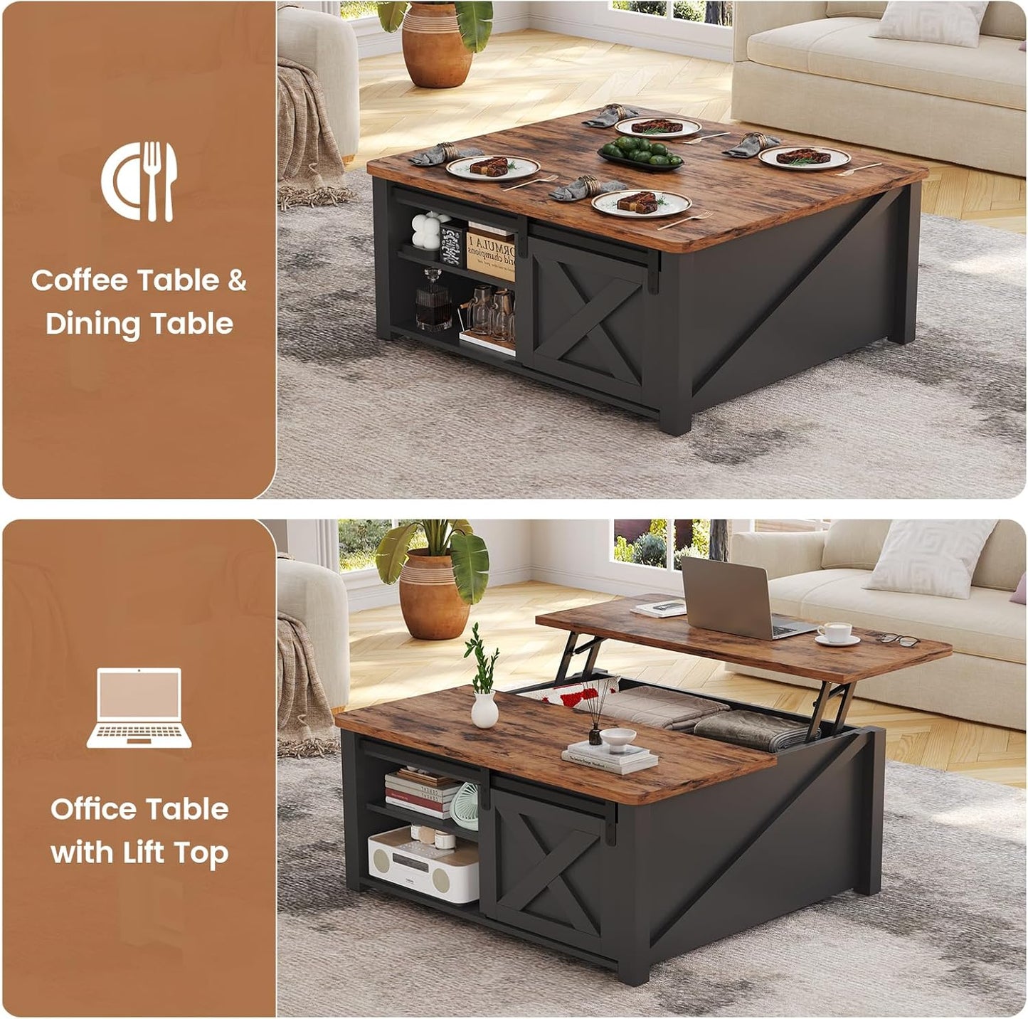 SEDETA 31.5" Lift Top Coffee Table with Storage, Square Coffee Tables for Living Room, Farmhouse Coffee Table with Large Hidden Storage Compartment and Adjustable Shelves, Black