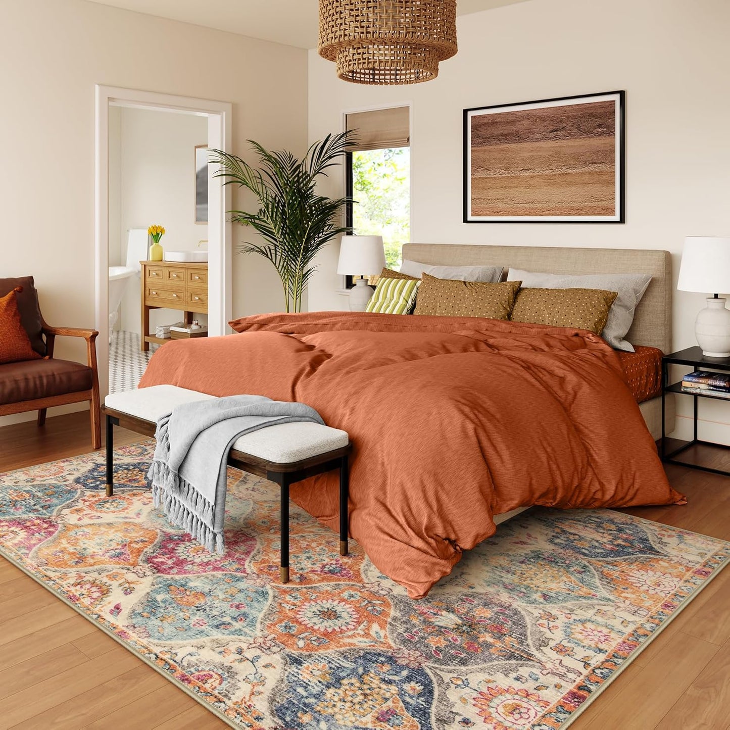 Lahome Moroccan Washable Area Rugs 8x10, 8x10 Rugs for Living Room Bedroom, Non Slip Low Pile Distressed Stain Resistant Rug for Kids Pets High Traffic Areas Elise, Burnt Orange