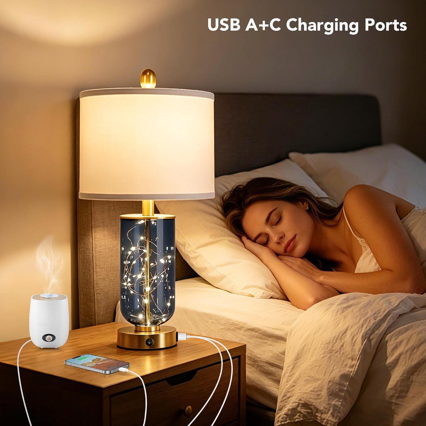 ROTTOGOON 23" Bedside Table Lamps for Living Room, Blue Glass Nightstand Lamps Set of 2 with USB A+C Charging Ports and Night Light Modern Table Lamp for Bedroom End Table (Bulbs Included)