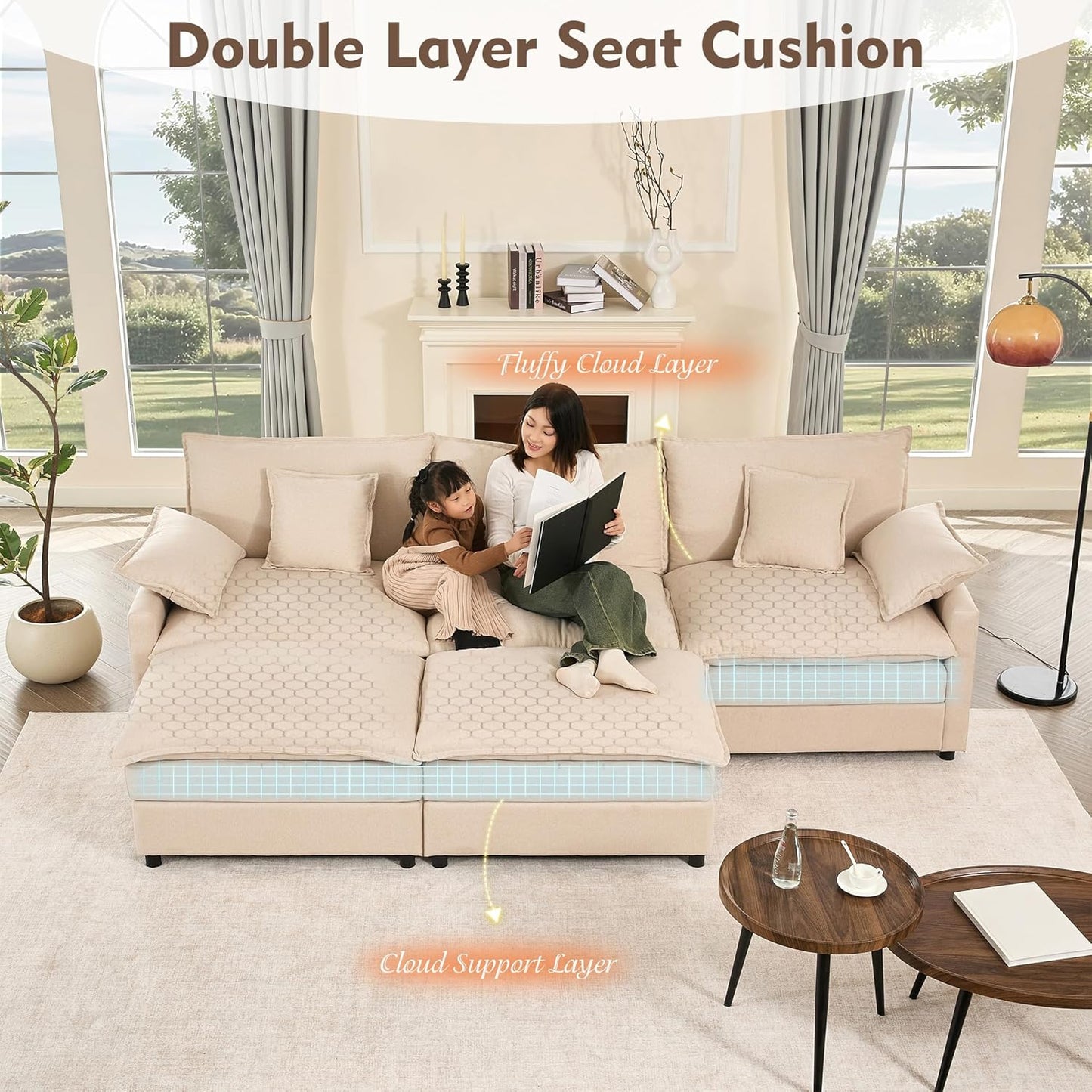 GOSUHI 108" U Shaped Couch, Modular Sectional Sofa, 3-Seater Comfy Cloud Couch, Set of Modular Pieces with Movable Ottoman, Deep Seat Couches for Living Room, Linen, Beige