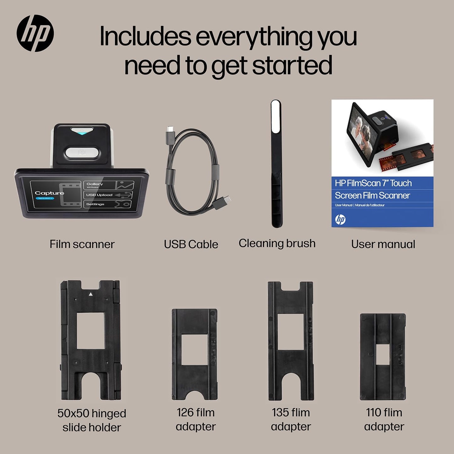 HP Touch Screen Film & Slide Scanner - 7 in LCD, 13 MP, USB & HDMI - Touch LCD Preview & Edit - Photo Scanner - 13 MP Clarity - Film to Digital Converter - Quick-Feed & 50mm Adapter - Slide Digitizer