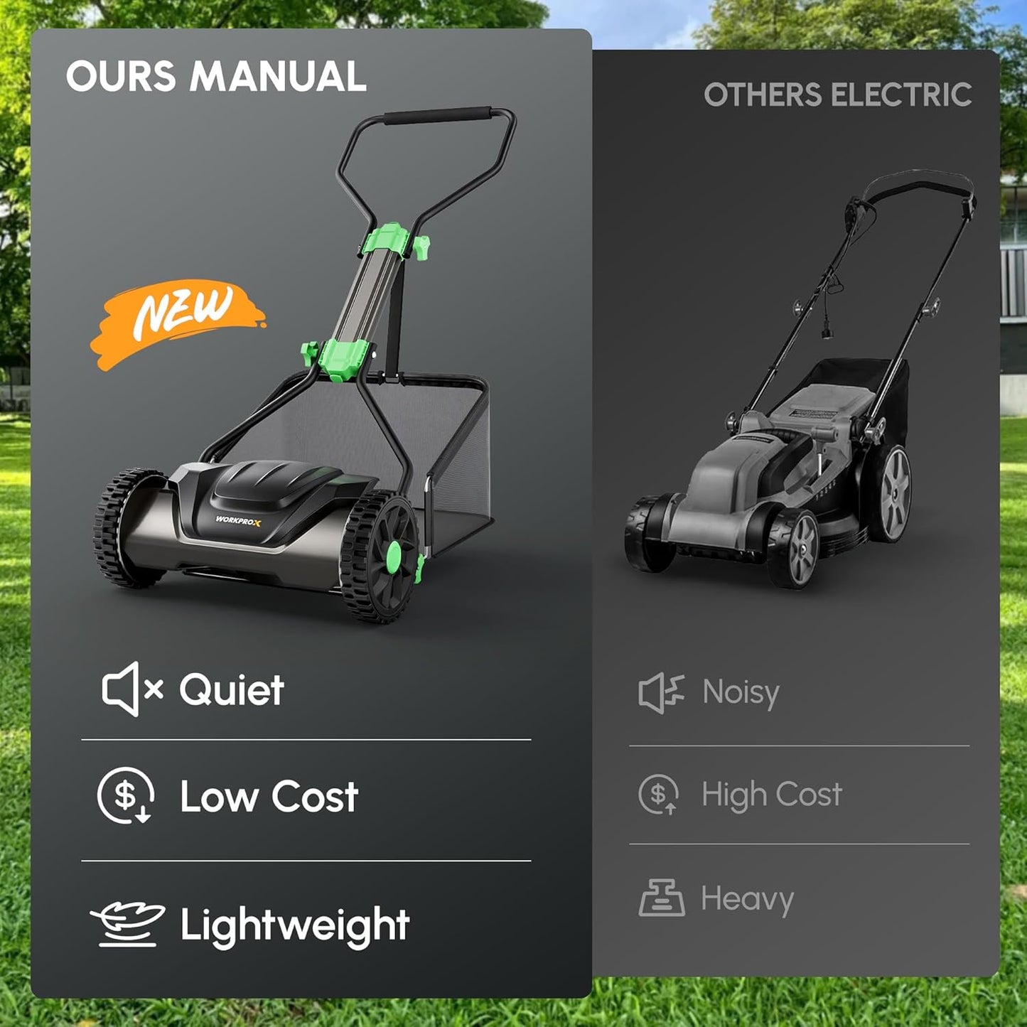 WORKPROX 16-Inch Push Reel Lawn Mower, Adjustable Height 5-Blade Reel Mower with Removable 8-Gallon Grass Catcher for Yards and Gardens, Black