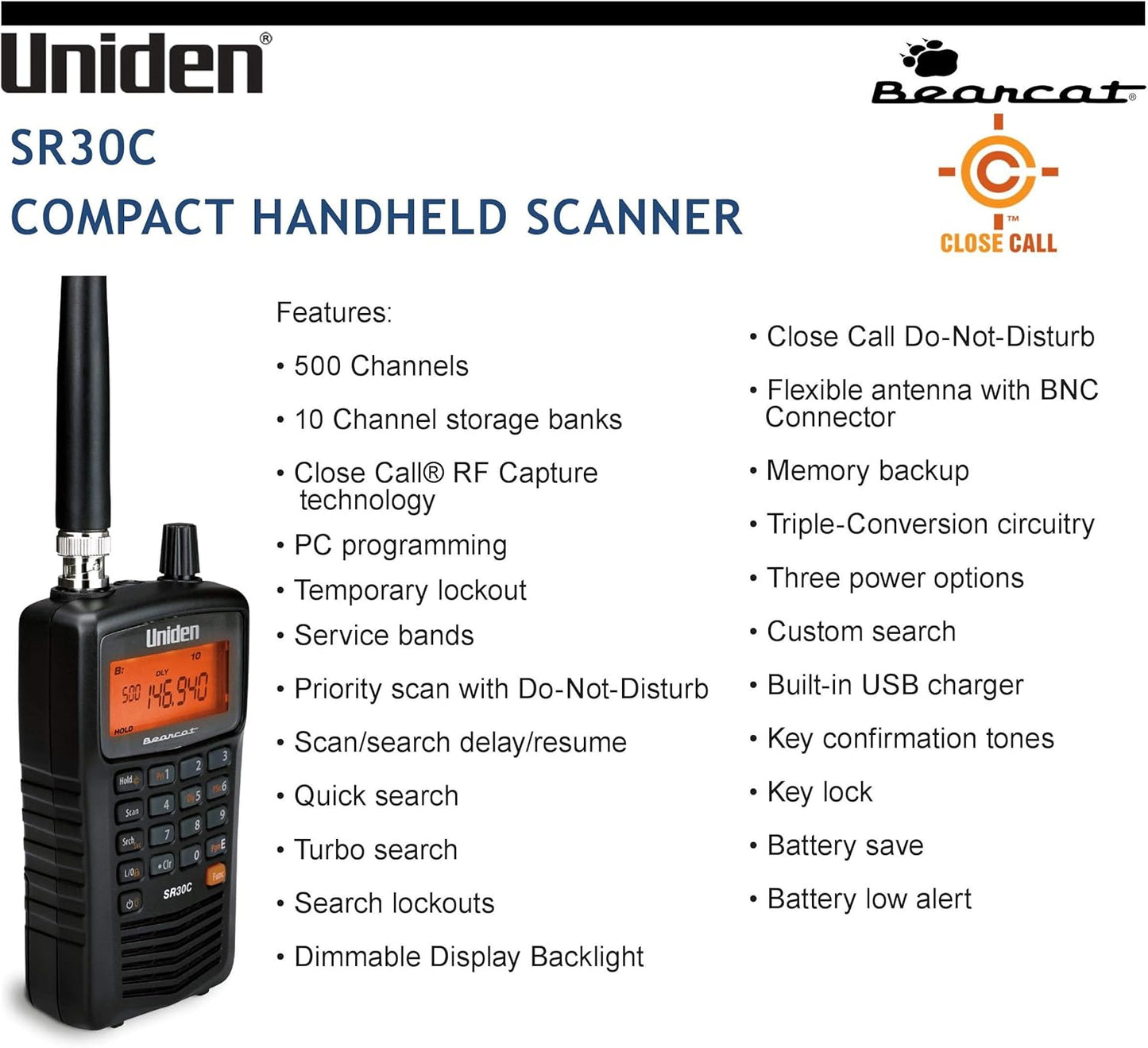 Uniden Bearcat SR30C, 500-Channel Compact Handheld Scanner, Close Call RF Capture, Turbo Search, PC programable, NASCAR, Racing, Aviation, Marine, Railroad, and Non-Digital Police/Fire/Public Safety