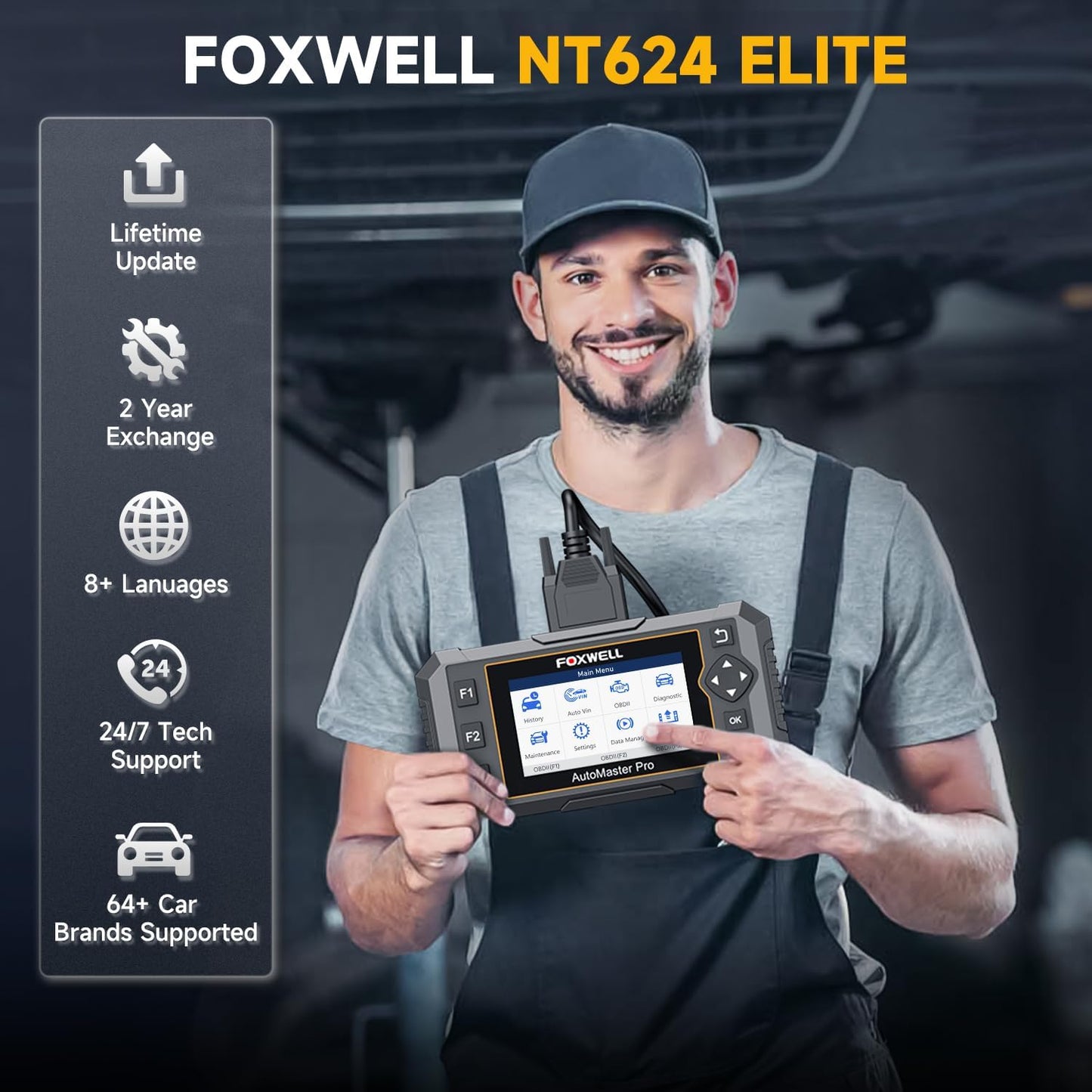 2026 FOXWELL NT624 Elite OBD2 Scanner, All System with 8 Resets ABS Bleeding/SAS/Oil/TPS/EPB/BRT/Injector/D-P-F Resets Battery Test Upgrade of NT614 Elite Car Code Reader Scan Tool for All Cars