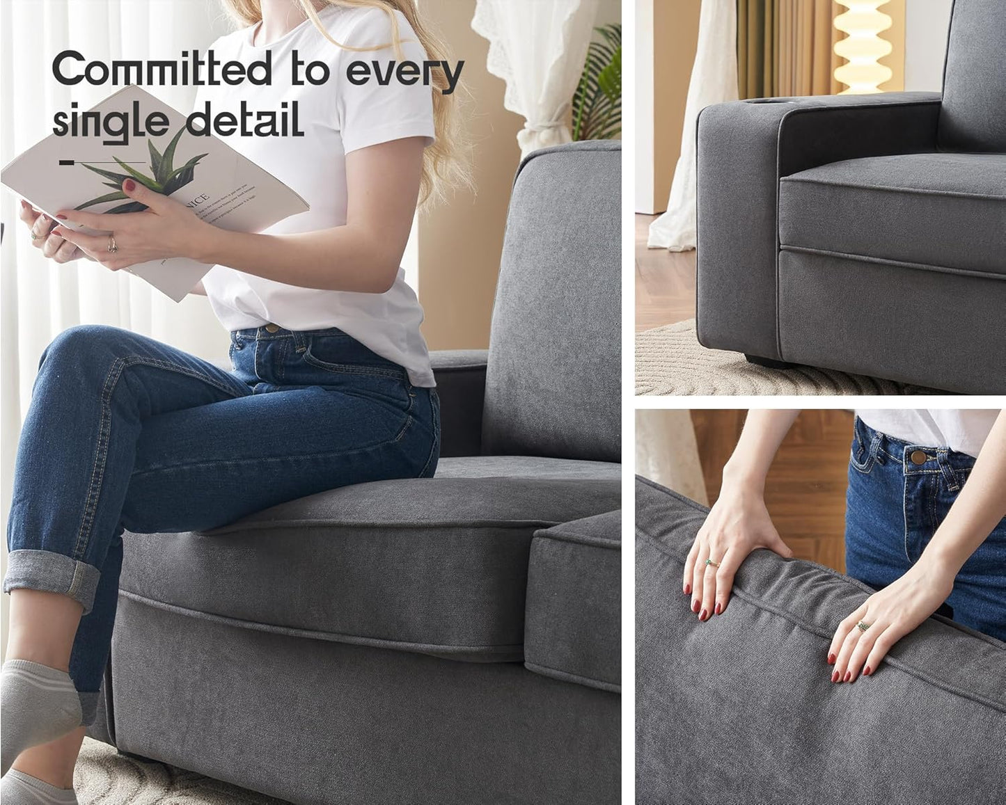 AMERLIFE Chenille Sofa Chair, Modern Comfy Couch with Cup Holders & USB Ports for Living Room, Charcoal Grey Upholstered Couch