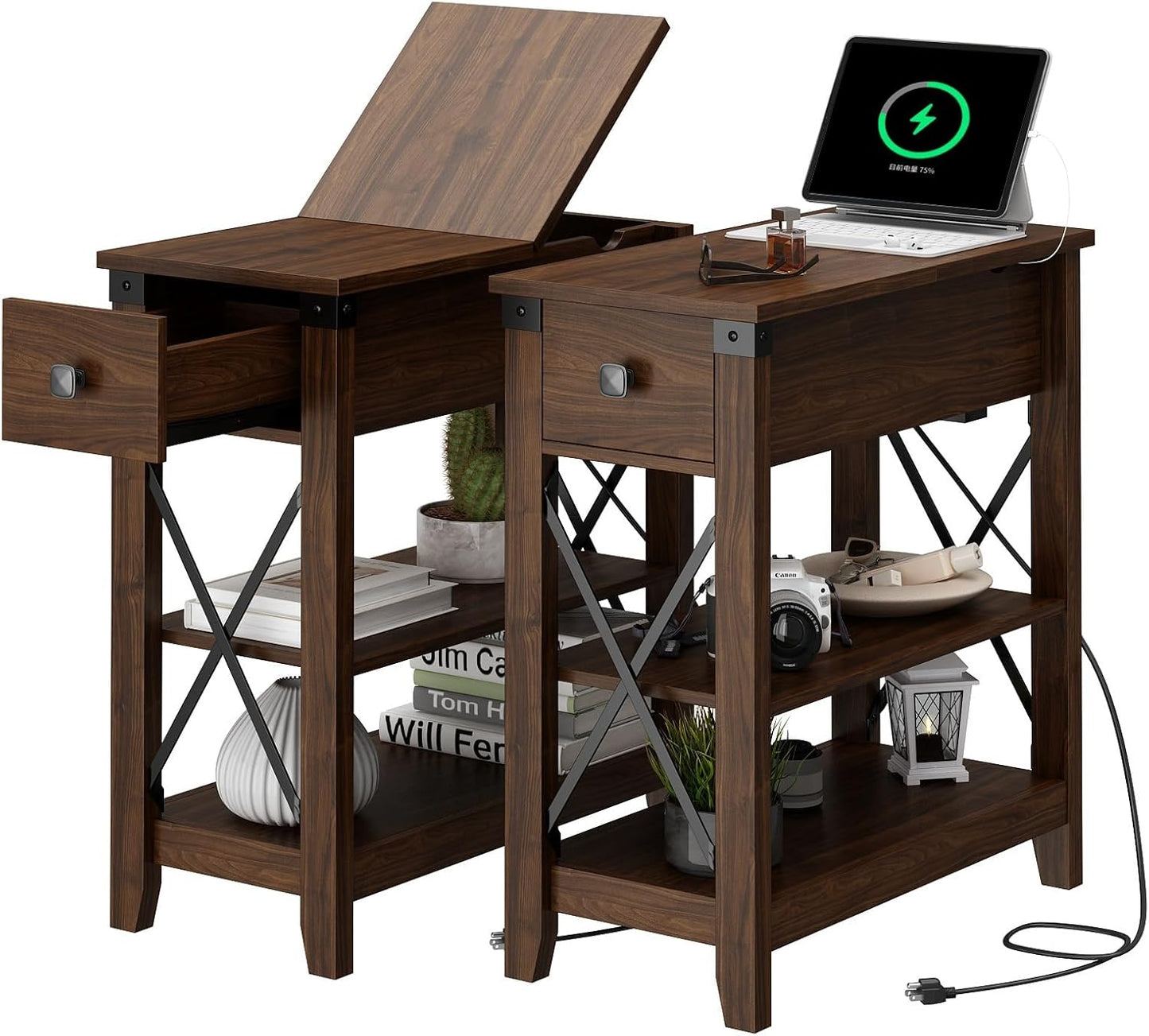 Awescuti Narrow End Table with Charging Station - Farmhouse Slim Side Table Set of 2, w/USB Ports Power Outlets, Nightstand w/Flip Top Storage Drawer, for Small Spaces Living Room Bedroom, Walnut