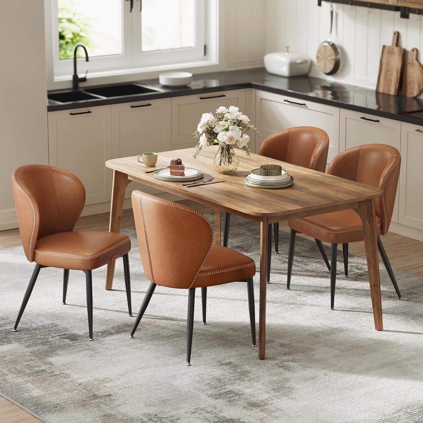 VASAGLE EKHO Collection - Dining Chairs Set of 4, Upholstered Kitchen Chairs, Comfortable Seat, Synthetic Leather with Stitching, Mid-Century Modern, Easy Assembly, Living Room Lounge, Caramel Brown