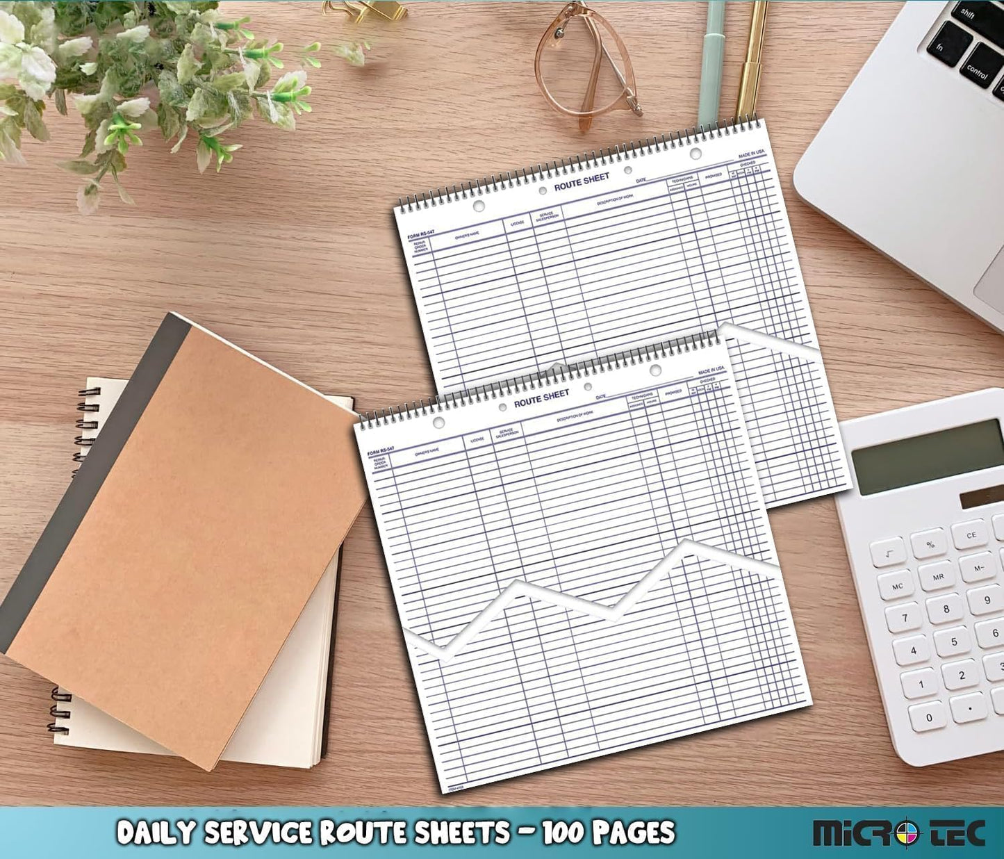MICRO TEC Daily Service Route Sheets – 12" x 15" Daily Schedule & Appointment Sheets – Spiral Bound Route Planner on 100# Tag Stock Paper – Blue Ink Print – 100 Pages/Book (Book of 5)