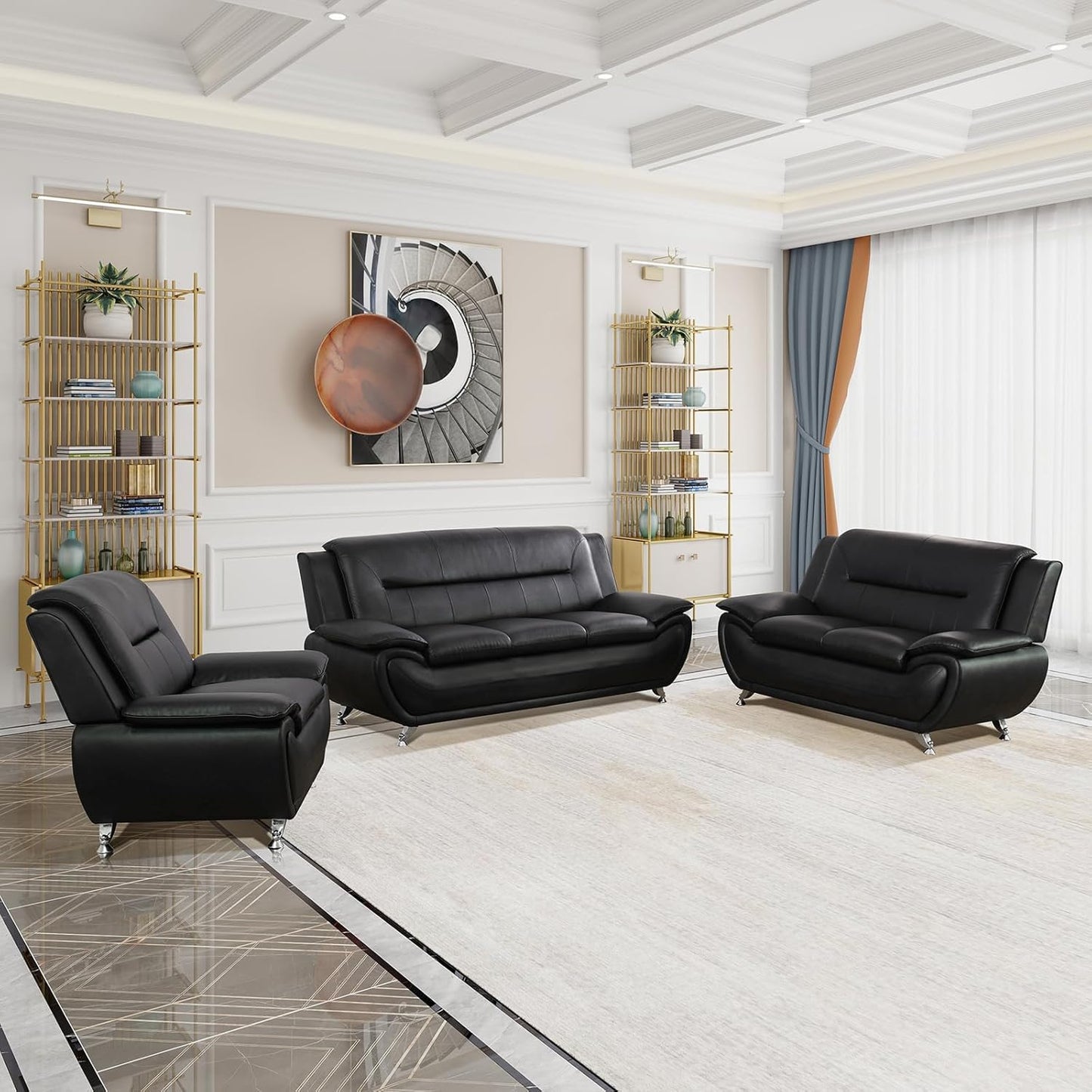 Modern Leather Sofa Set, Living Room Furniture, 3 - Piece Couch Set, Faux Leather Couch Loveseat Chair Set with Sturdy Legs for Living Room/Bedroom/Office,Black