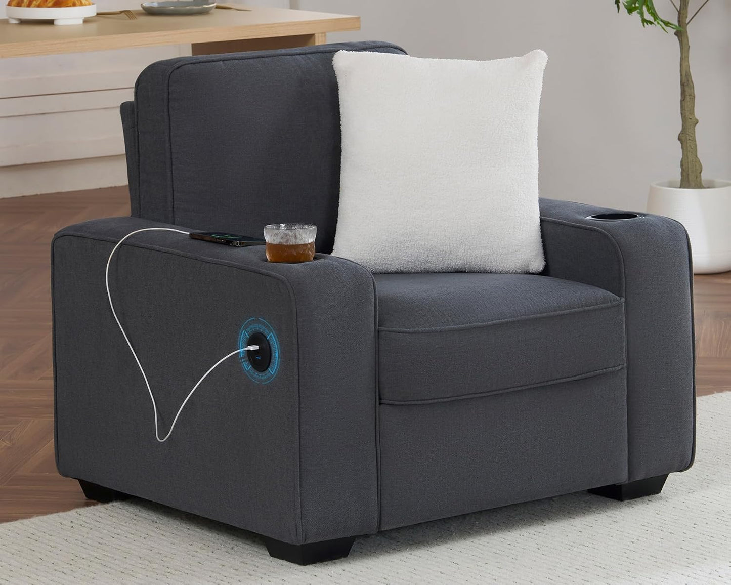 AMERLIFE Chenille Sofa Chair, Modern Comfy Couch with Cup Holders & USB Ports for Living Room, Charcoal Grey Upholstered Couch