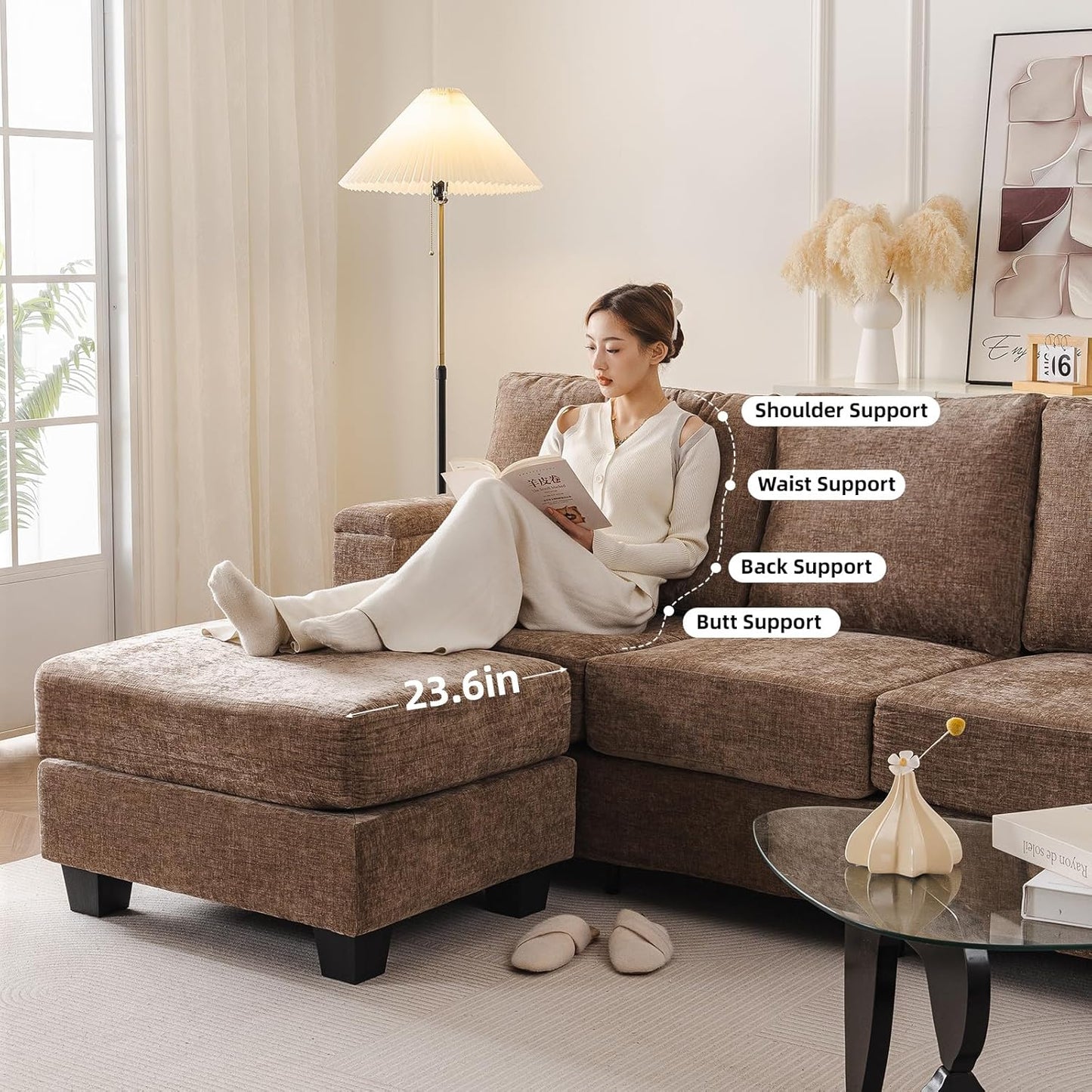 85'' L Shaped Couch with Armrest Organizer,Comfy 3 Seats Sofa with Thick Cushion,Chenille Sectional Couches for Living Room,Bedroom,Apartment,Sofa Set with Oversized Chair,Home Furniture,Brown