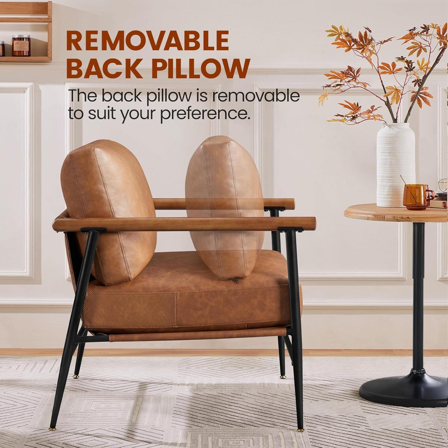 Yaheetech Accent Chair Set of 2, PU Leather Living Room Chair Back Pillow Modern Lounge Chair Wooden Arms Metal Frame Bedroom Waiting Room Retro Brown