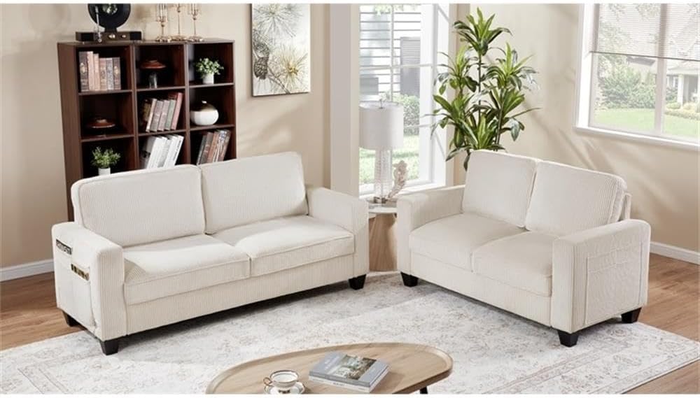 BOWERY HILL Transitional Set of 2 Corduroy Fabric Beige Sofa and Loveseat with Built-in USB Charging Port and Functional Side Pockets