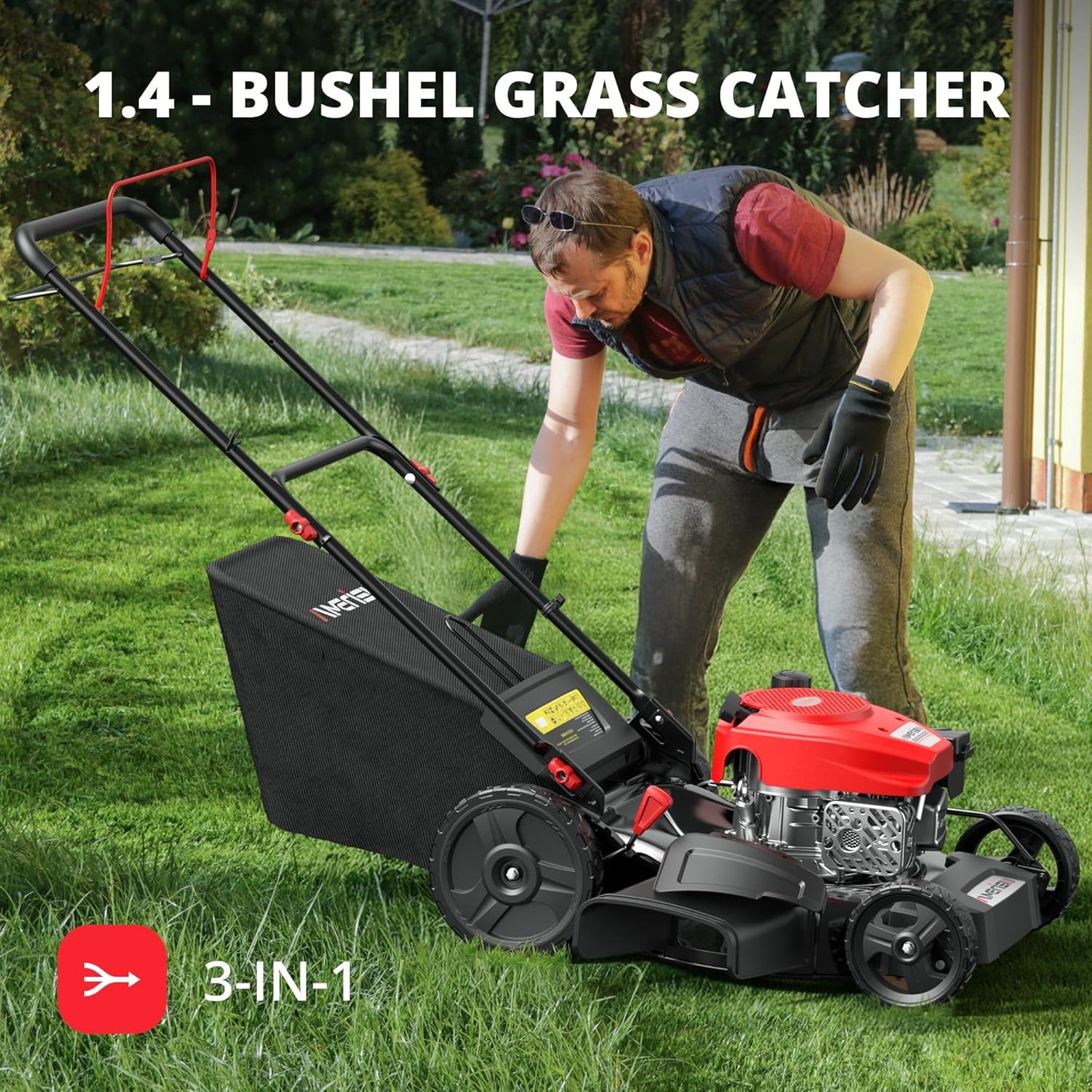 21" Gas Push Lawn Mower, Rugged Steel Deck, 3-in-1 Versatile Mower, 144cc OHV Engine, 6-Level Height Adjustment, Large Grass Collector, Easy Maneuverability for Home & Garden