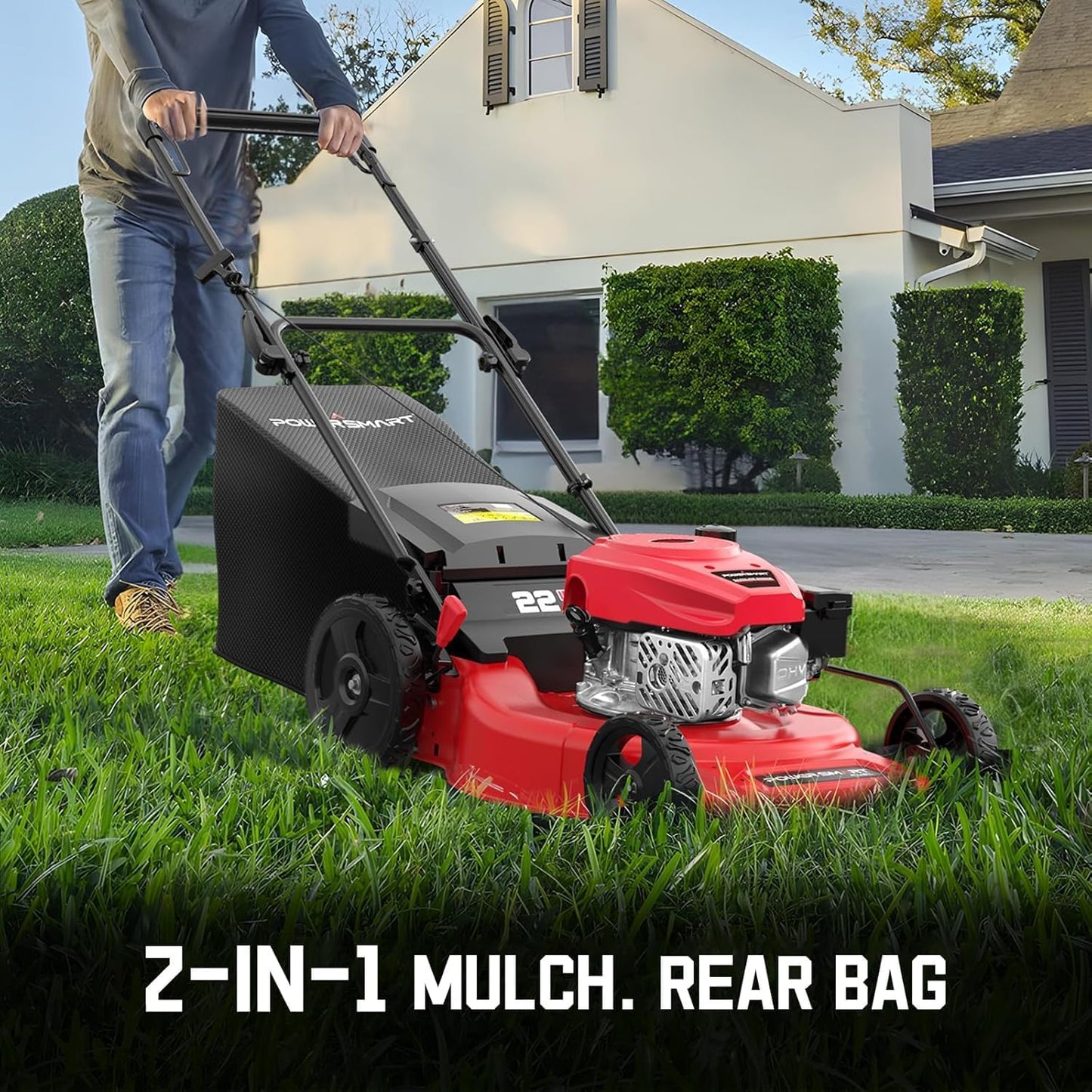 PowerSmart Self Propelled Gas Lawn Mower, 22-inch with 170cc OHV Engine 2-in-1 Rear Wheel Drive, High Wheels, 6-Position Height Adjustment, Red