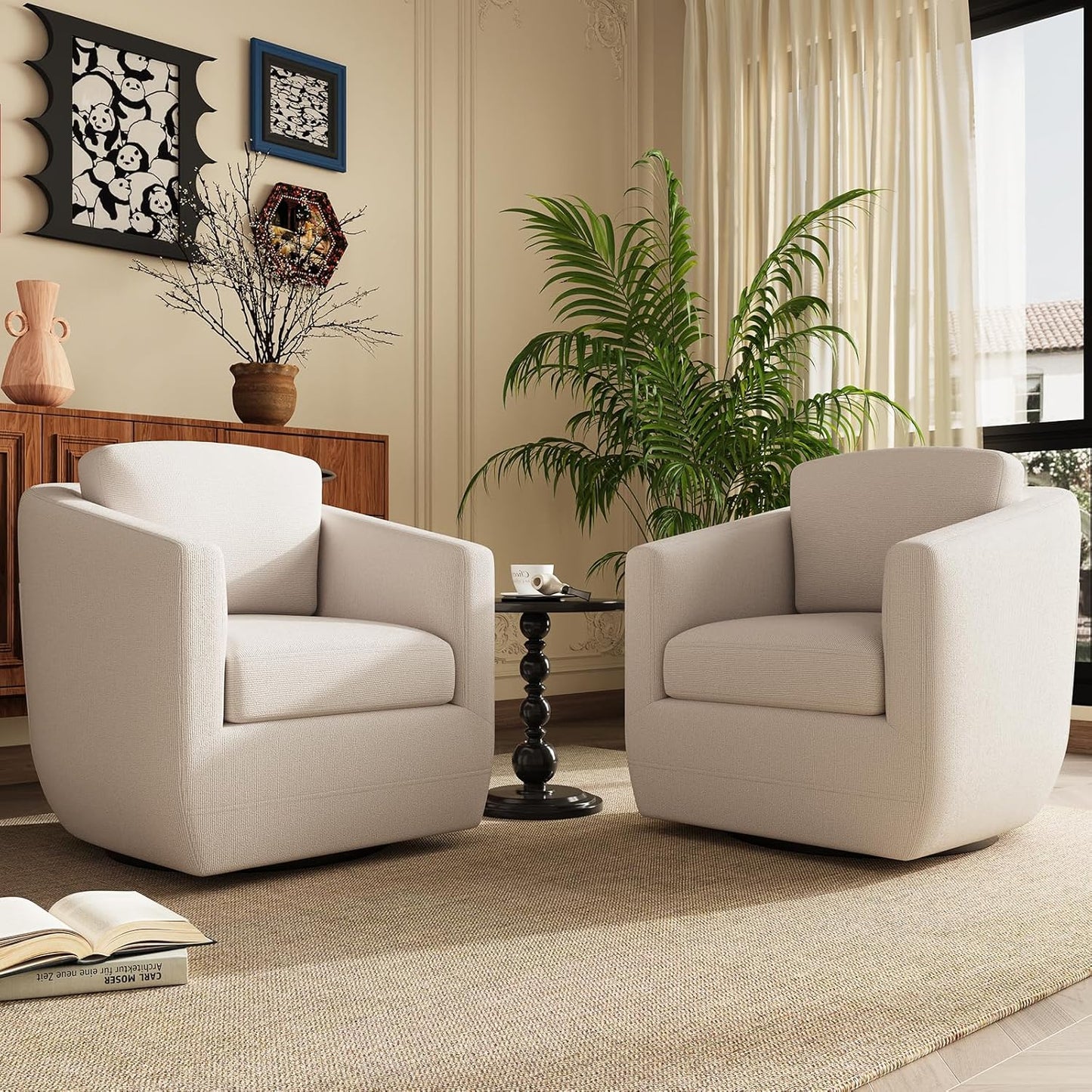 COLAMY 360° Swivel Accent Chair Set of 2 No-Sag Foam & Sturdy Metal Base, Fully Assembled Living Room Armchair with Pillow, Swivel Accent Single Sofa for Bedroom Living Room, Reading Room, Beige