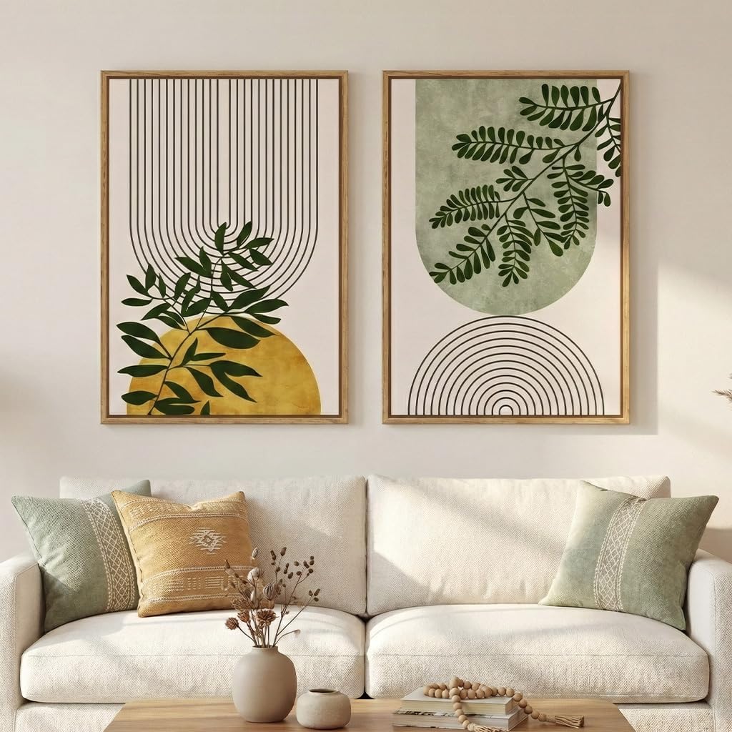 Framed Green Boho Wall Art for Living Room, Set of 2 Neutral Bohemian Botanical Geometric Artwork for Walls, Large Mid Century Modern Canvas Painting Print Wall Decor for Bedroom Office, 20x30 Inch