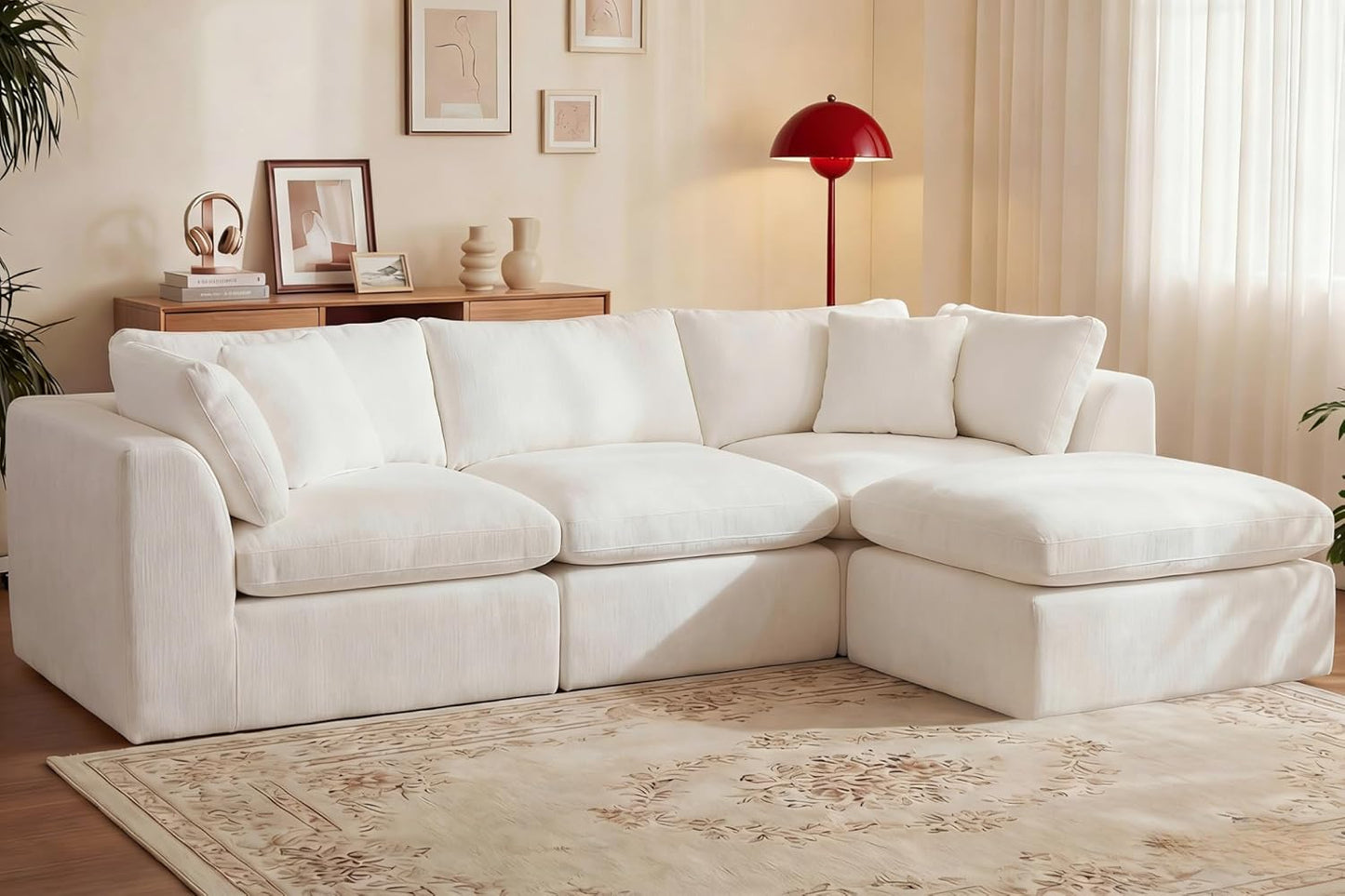 GRUSIGN 110'' Oversized Cloud Sectional Boneless Couch for Living Room, Modern Big Compressed L Shape Couch with Ottoman & 2 Throw Pillows, Chenille Deep Seat Memory Foam Spineless 4 Seater Sofa,Beige