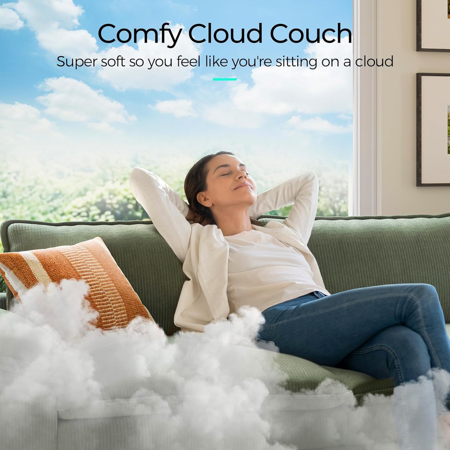 LINSY HOME 123" Modular L-Shaped Sectional Sofa, 3-Seat Corduroy Modern Cloud Couch with Deep Seat & 1 Movable Ottoman, Perfect for Living Room, Office, Bedroom, Green