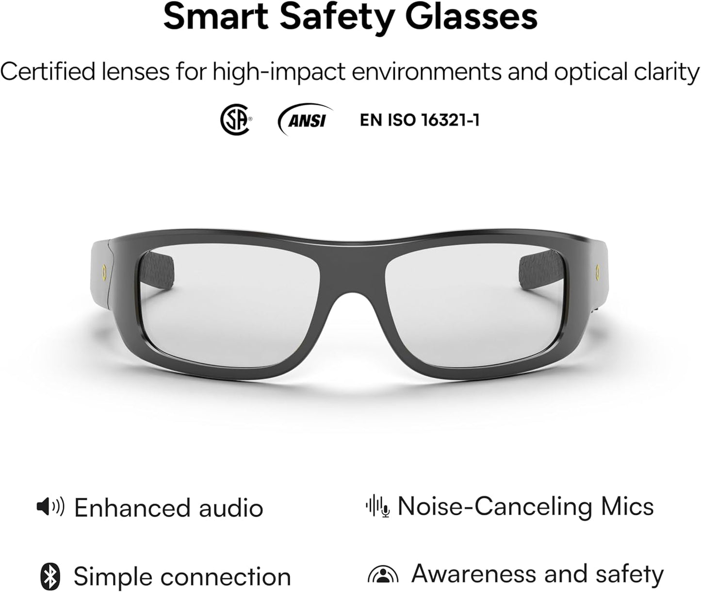Lucyd Armor Smart Safety Glasses, TR90 Frame, Light Adaptive Lenses, Open Ear Speakers & Microphone - ANSI Z87.1