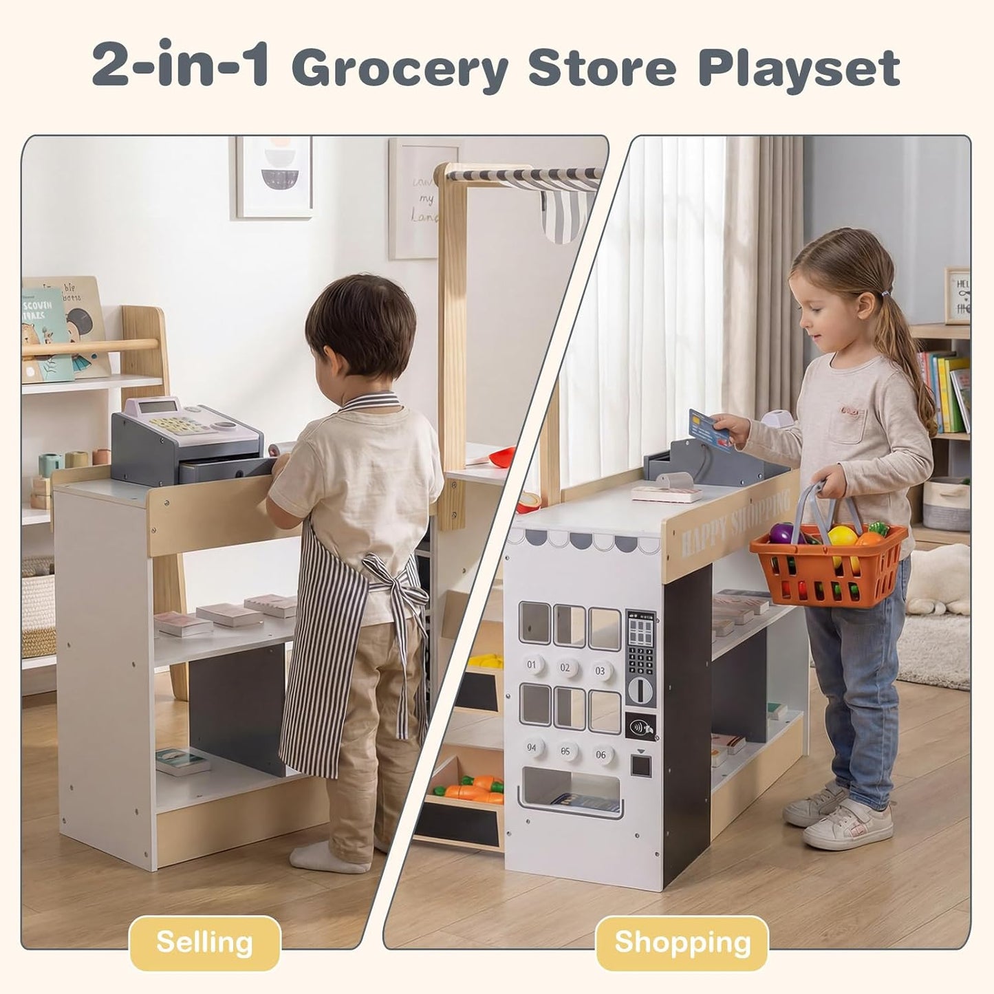 Costzon Kids Grocery Store Playset, Wooden Play Store w/Lights & Sound, Shopping Cart, Blackboards & Cash Register, Toddler Toy Grocery for Boys and Girls Ages 3+ (Natural, 35.5" x 31" x 41")
