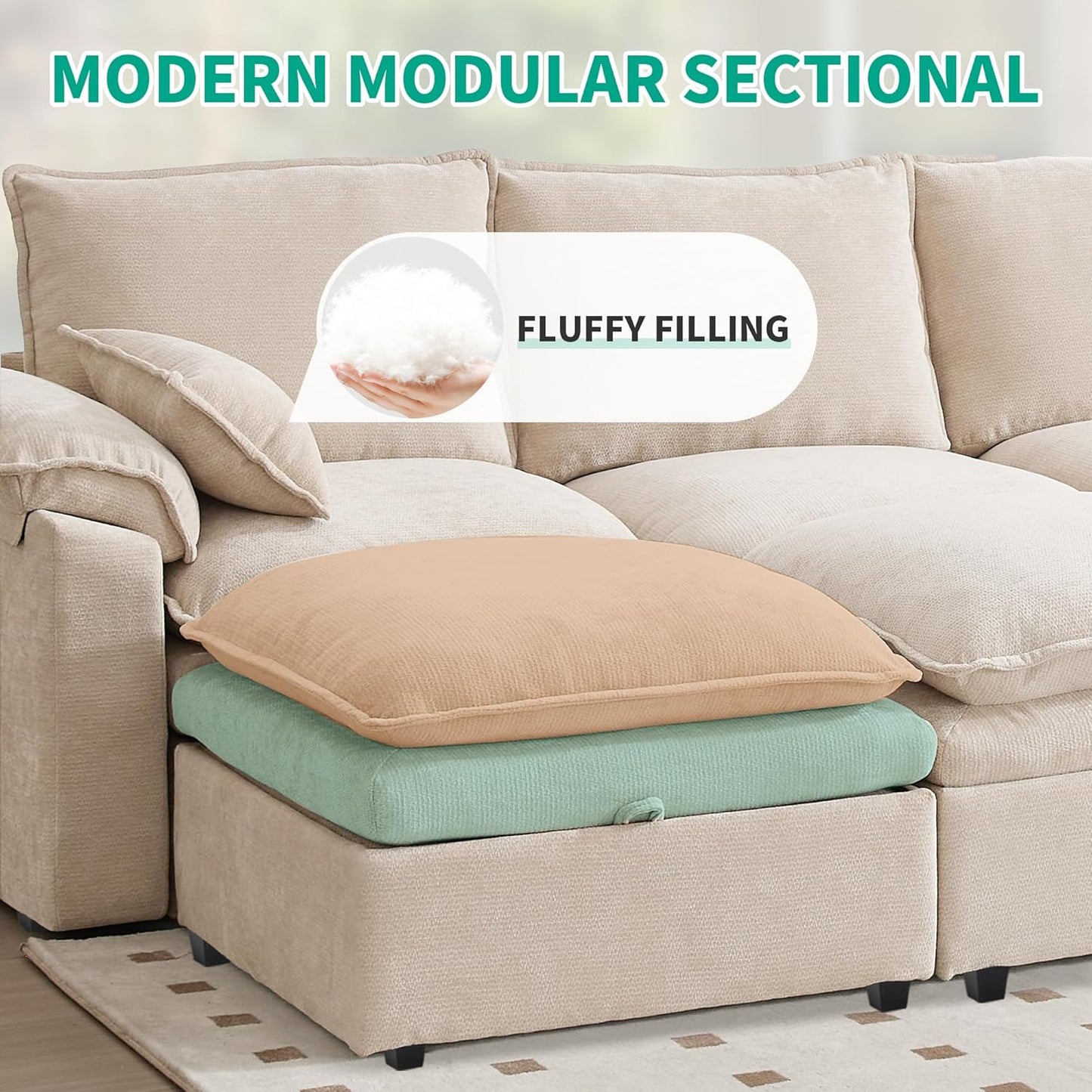 Large U-Shaped Sectional Couch Set - 6/7/8 Seater Oversized Cloud Sofa for Living Room, Big Comfy Chenille Fabric Couches, Extra Long Modular Sofa Bed Furniture (Beige, 6-Seater Sofa)