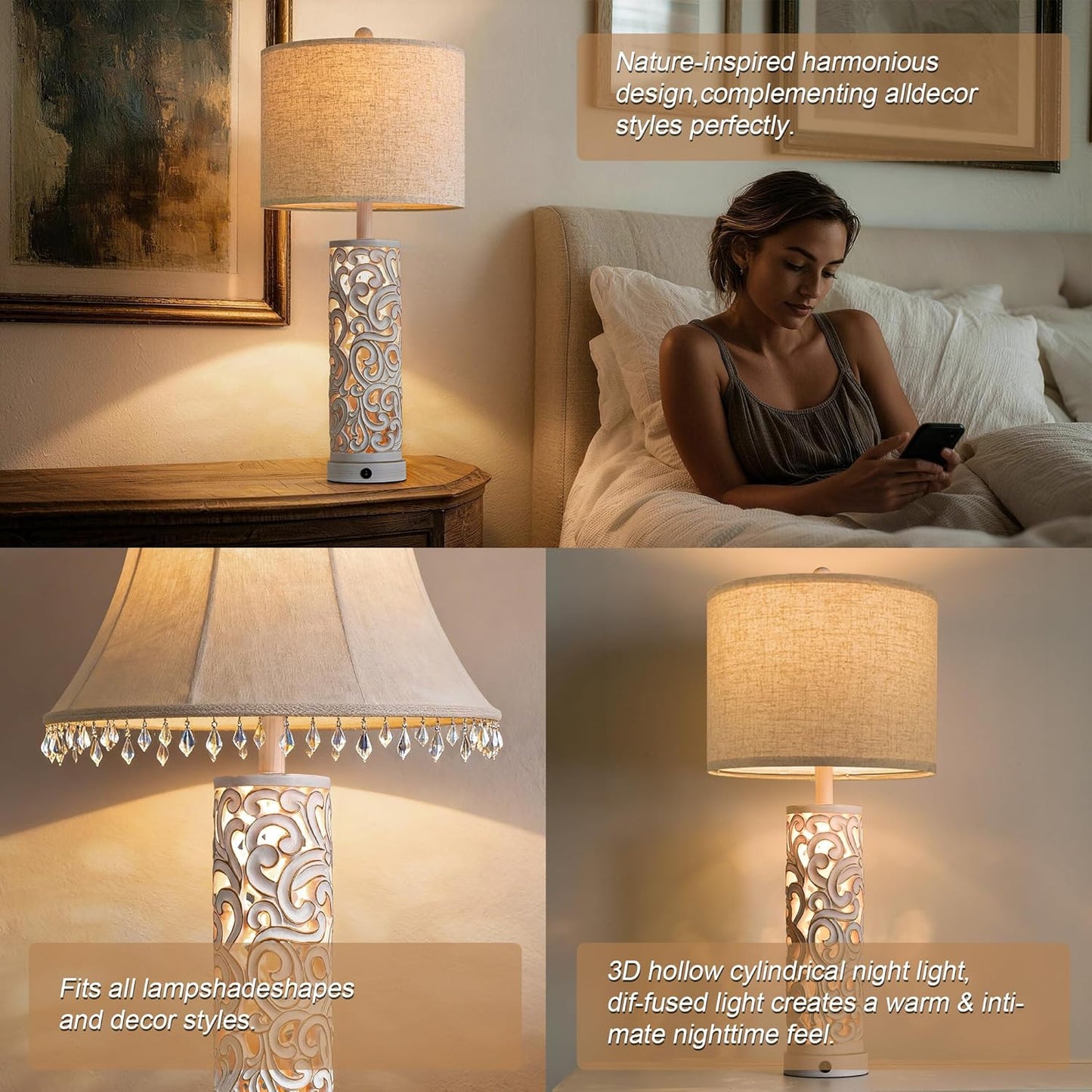 OYEARS 2-in-1 Light Table Lamp Set of 2 for Living Room, 28.5" Farmhouse Bedside Lamps with USB Charging Port, Main&Night Light & Dual Switches, Nightstand Lamp for Bedroom Home Office(Bulb Included)